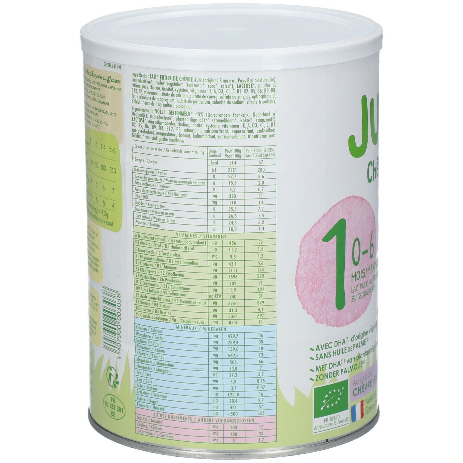 Dos de la boîte de lait Junéo. Texte: ingrédients, informations nutritionnelles, certifications. Design vert et blanc.