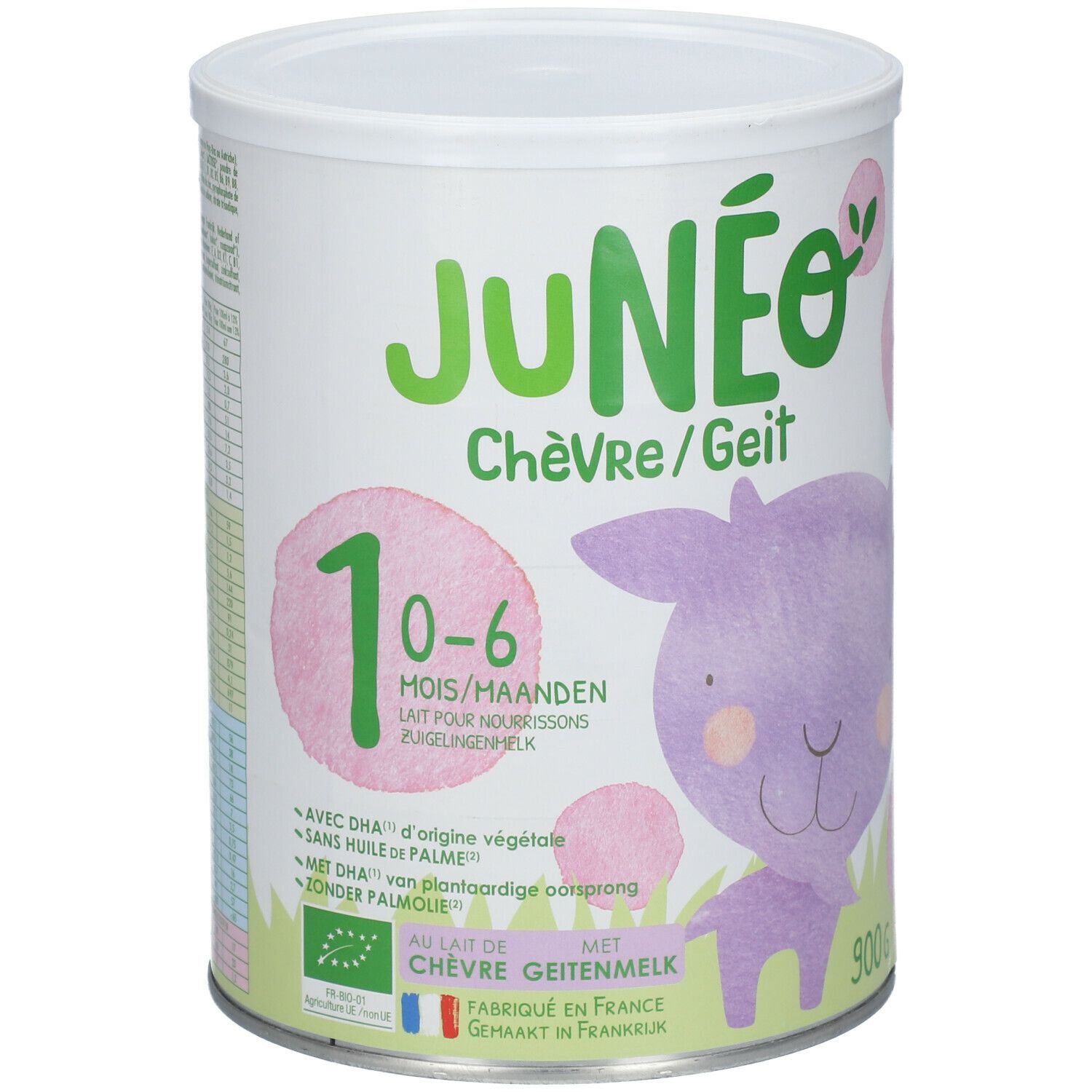 Boîte de lait Junéo 0-6 mois. Design vert et blanc, chèvre violette, texte: Chèvre/Geit, 1 0-6 Mois/Maanden, 900g.