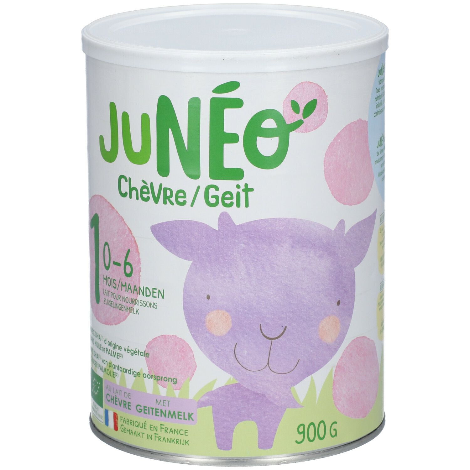 Boîte de lait Junéo 0-6 mois. Design vert et blanc, chèvre violette, texte: Chèvre/Geit, 1 0-6 Mois/Maanden, 900g.
