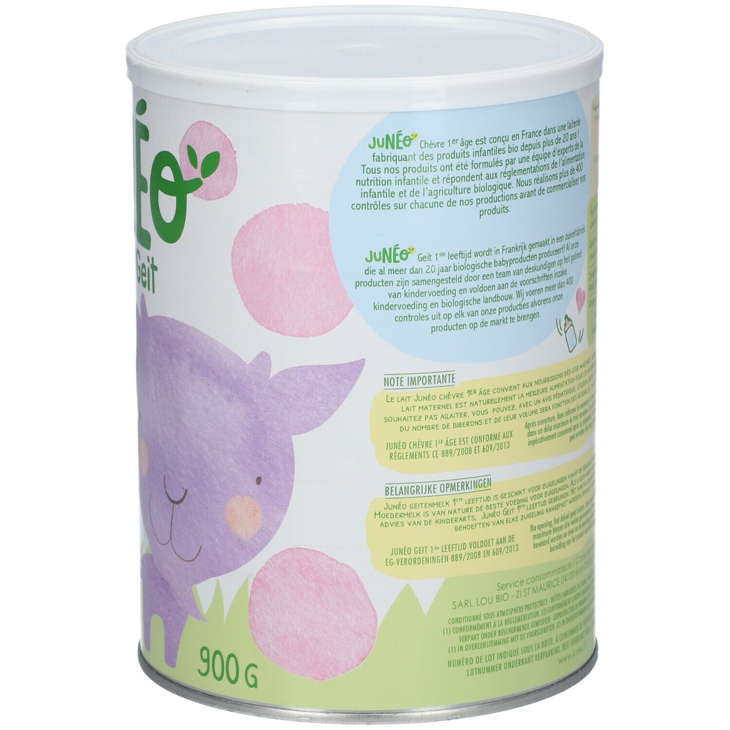 Dos de la boîte de lait Junéo. Texte: informations, logo, chèvre violette, 900g.