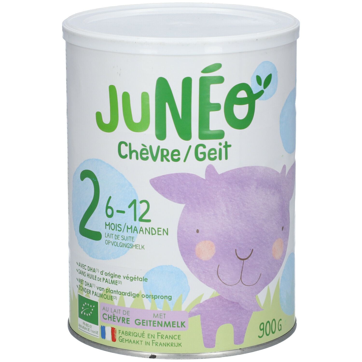 Boîte de lait de chèvre Junéo 6-12 mois. Design vert et blanc, illustration de chèvre violette. Texte: Chèvre/Geit, 2 6-12 Mois/Maanden, 900g.