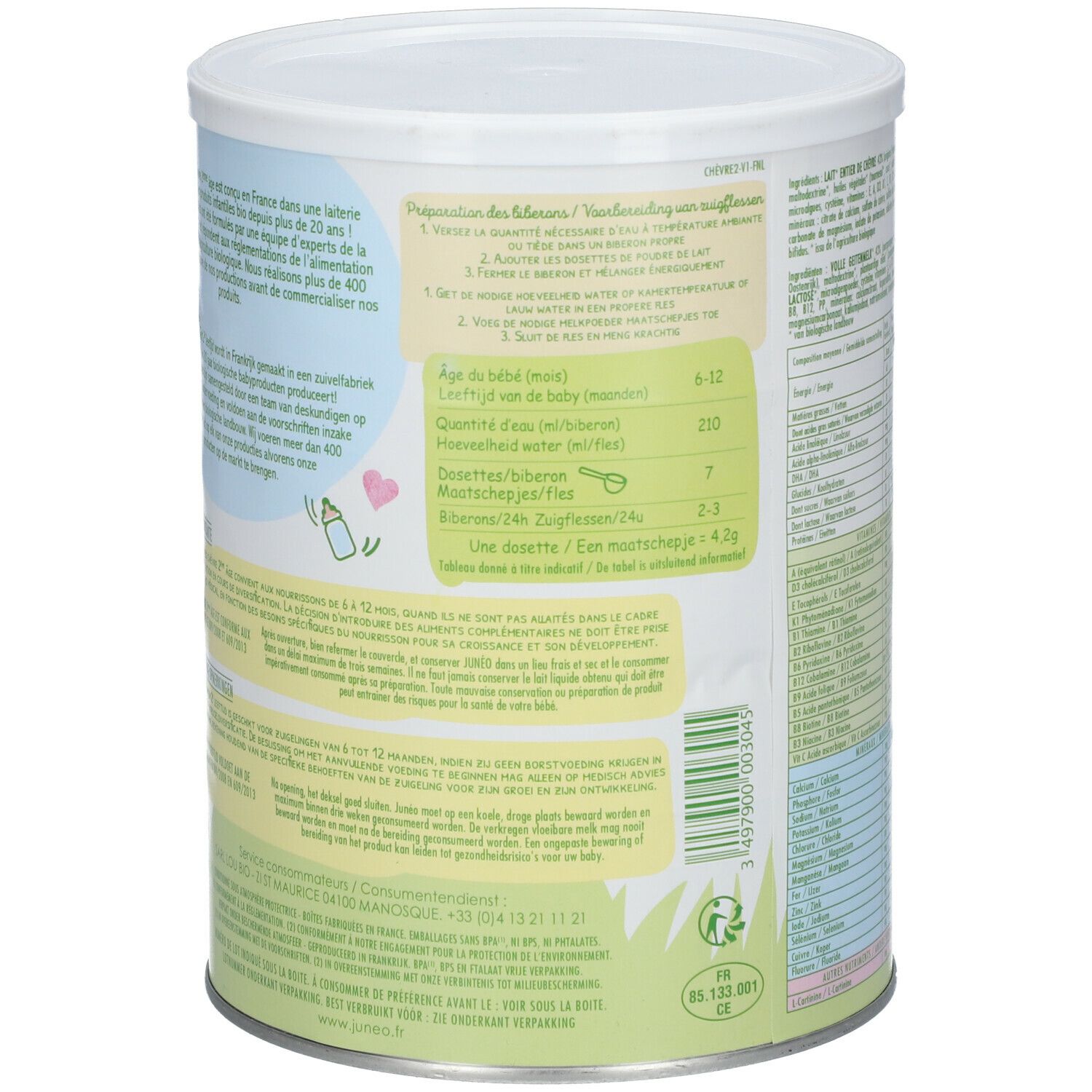 Dos de la boîte de lait de chèvre Junéo. Texte en plusieurs langues, dont instructions de préparation et informations nutritionnelles. Fond vert.