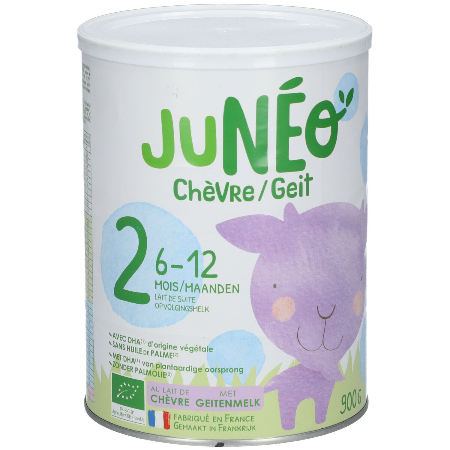 Boîte de lait de chèvre Junéo 6-12 mois. Design vert et blanc, illustration de chèvre violette. Texte: Chèvre/Geit, 2 6-12 Mois/Maanden, 900g.