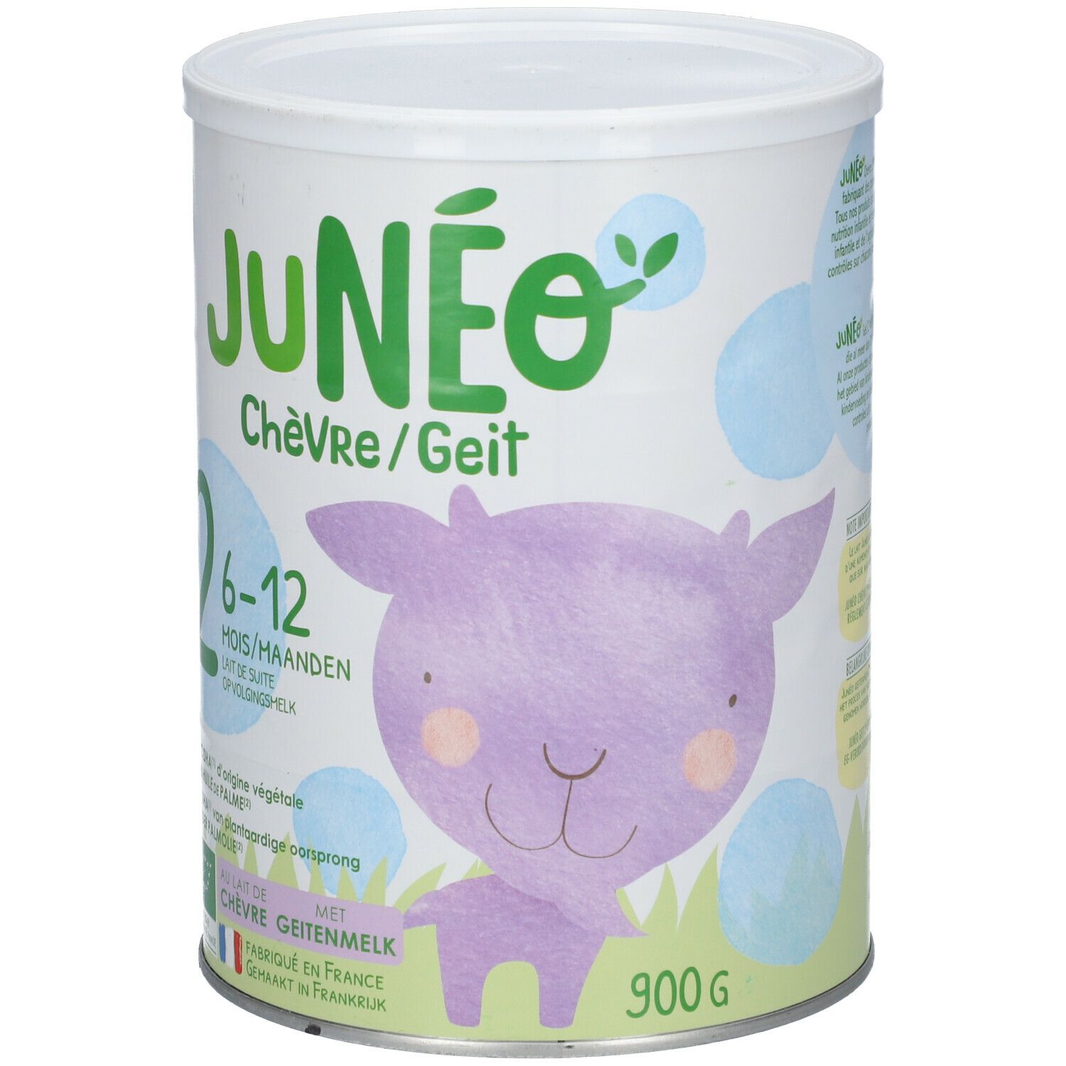 Boîte de lait de chèvre Junéo 6-12 mois. Design vert et blanc, illustration de chèvre violette. Texte: Chèvre/Geit, 6-12 Mois/Maanden, 900g.