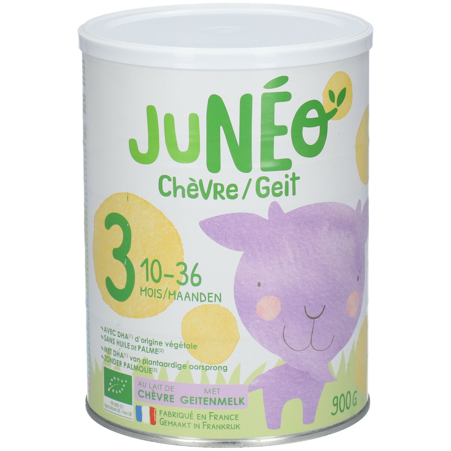 Blik Junéo Geit 10-36 maanden. Groen-wit ontwerp met geitenillustratie en productinformatie. 900g.