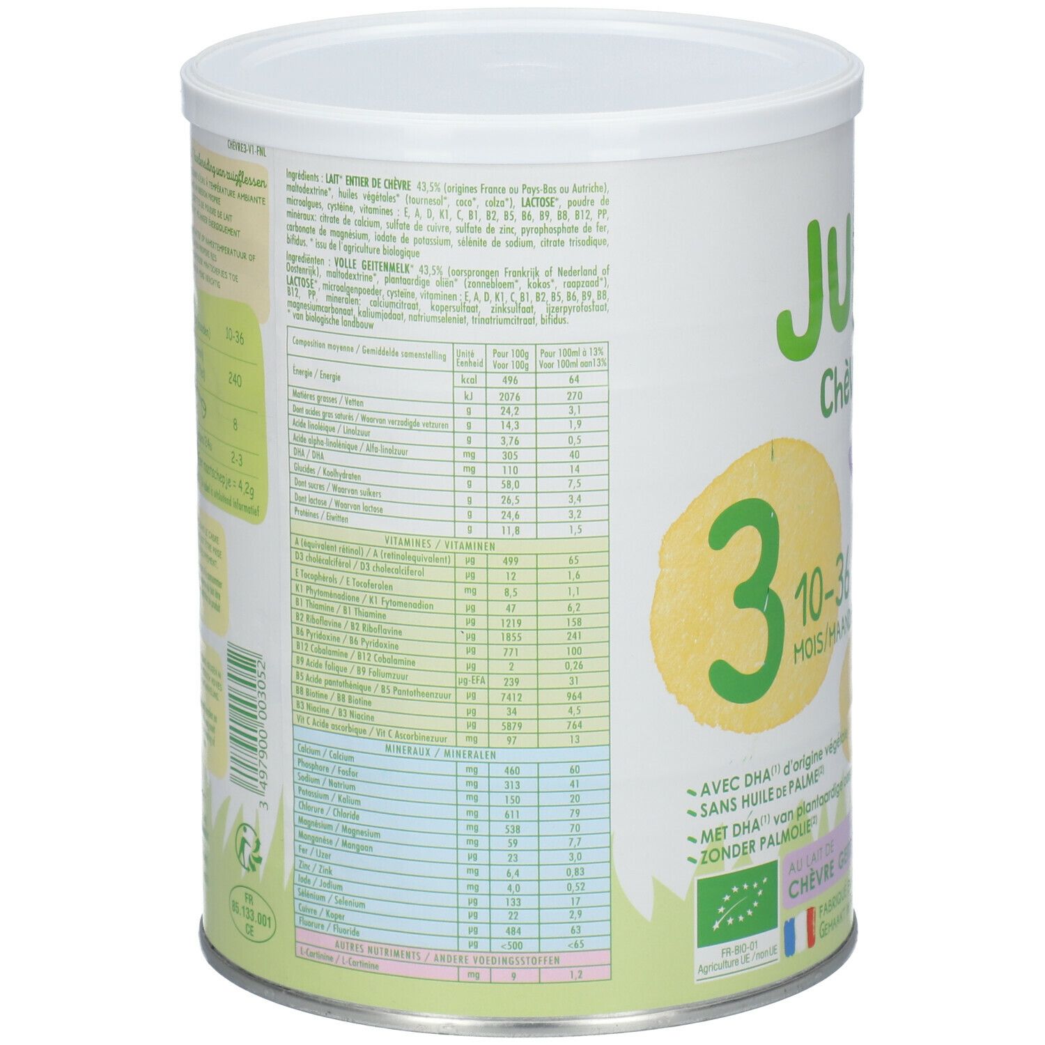 Achterkant van het Junéo Geit blik. Bevat voedingsinformatie, ingrediëntenlijst en andere productinformatie.