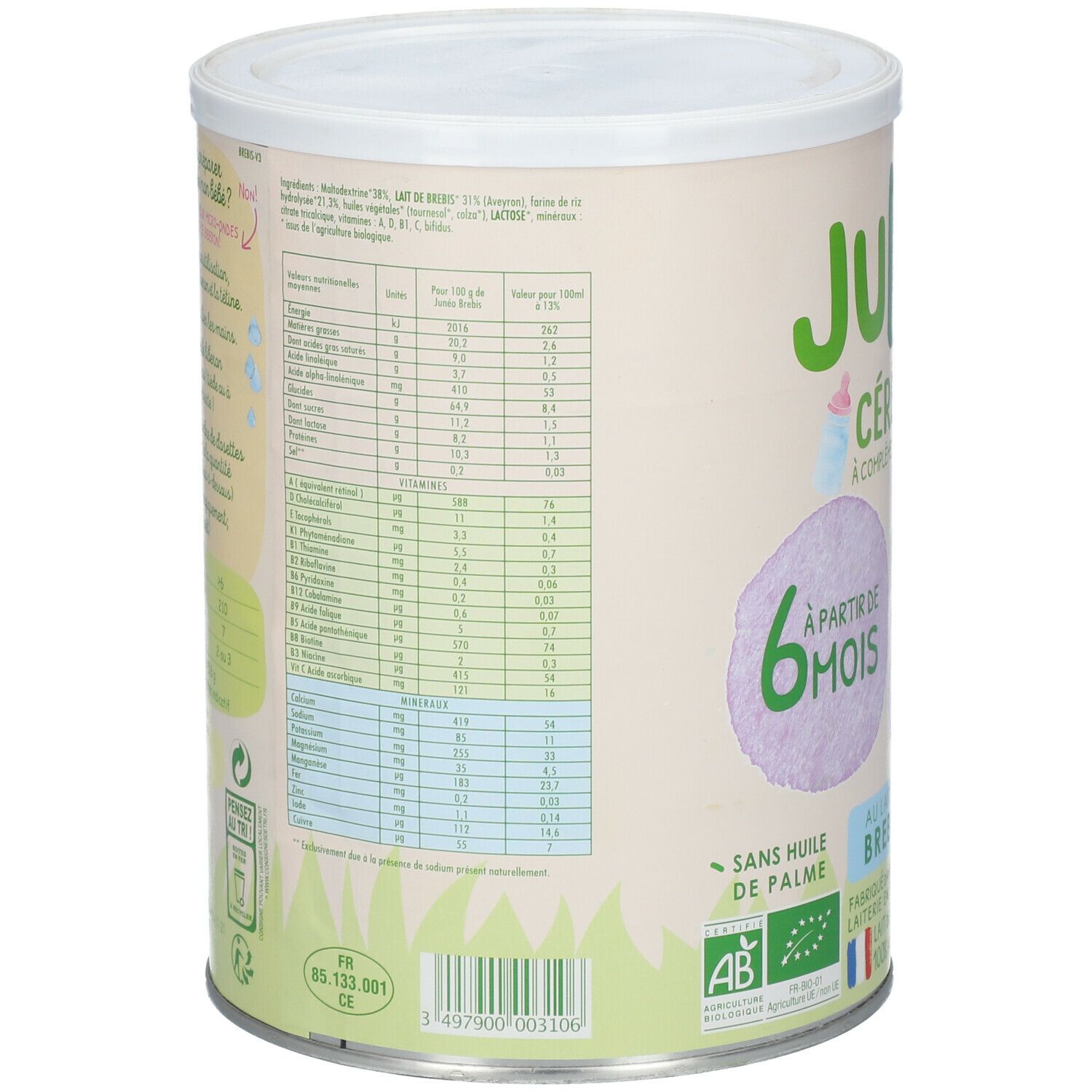 Blik Junéo Graan met eiwitten vanaf 6 maanden. Voedingstabel en ingrediëntenlijst. Bio-keurmerk.