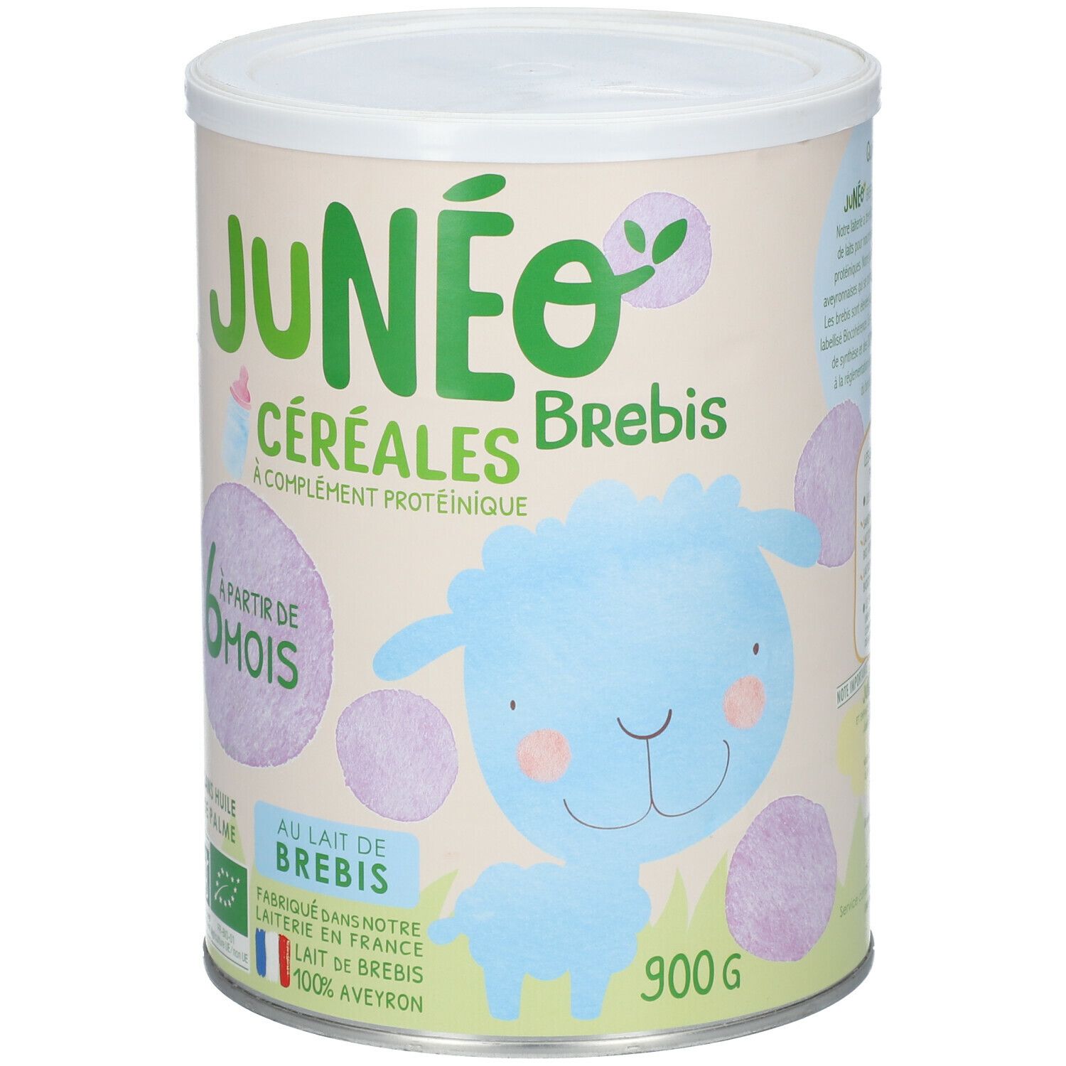 Blik Junéo Graan met eiwitten vanaf 6 maanden. Illustratie van een schaap. Bio-keurmerk. 900g.