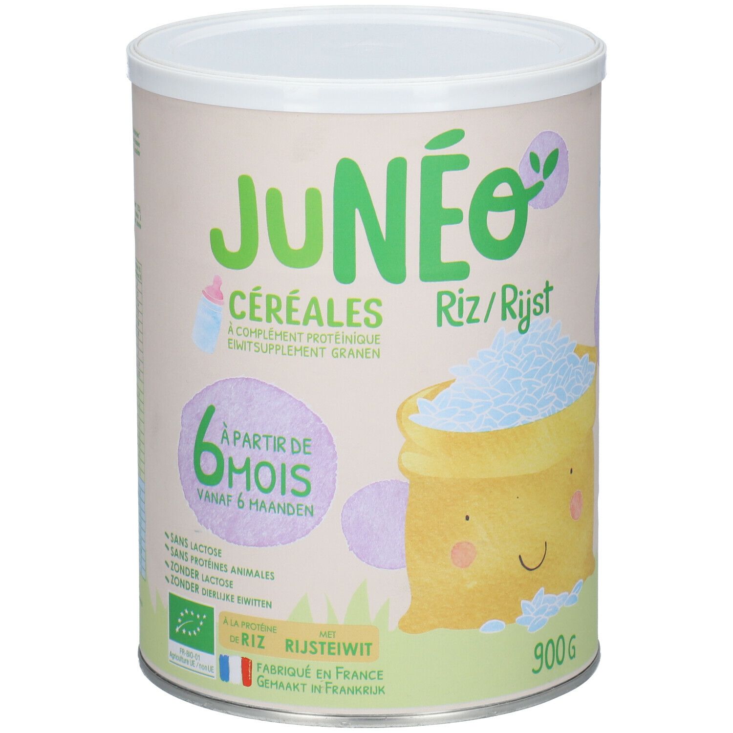 Boîte de céréales JUNÉO Riz/Rijst. Complément protéique. Dès 6 mois. Sans lactose. 900g. Fabriqué en France.