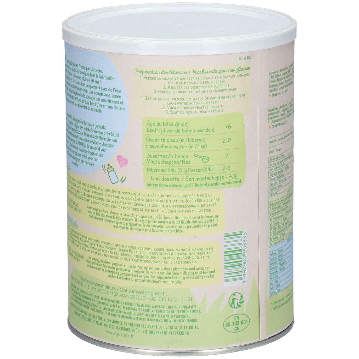 Dos de la boîte avec instructions de préparation pour JUNÉO. Informations sur l'eau, l'âge du bébé et le dosage.