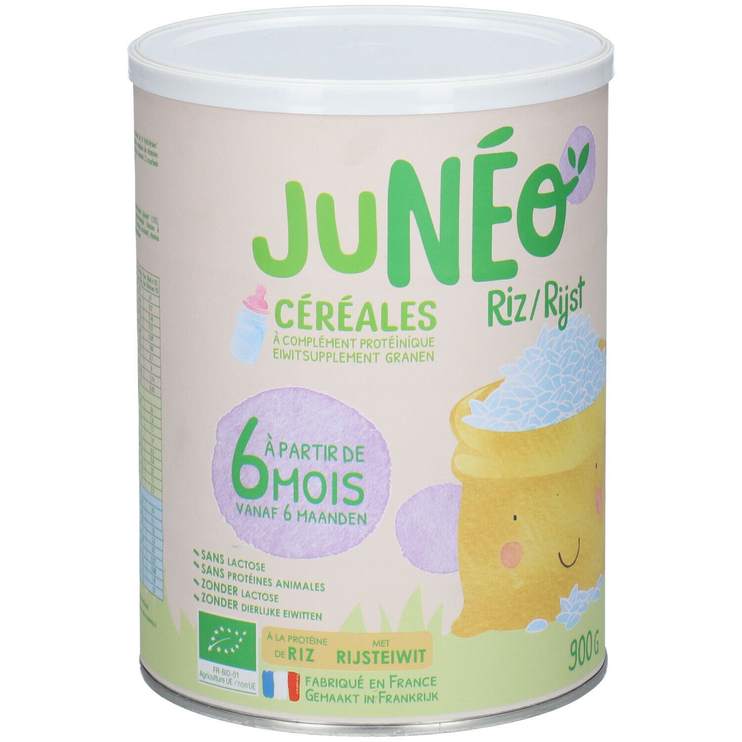 Boîte de céréales JUNÉO Riz/Rijst. Complément protéique. Dès 6 mois. Sans lactose. 900g. Fabriqué en France.