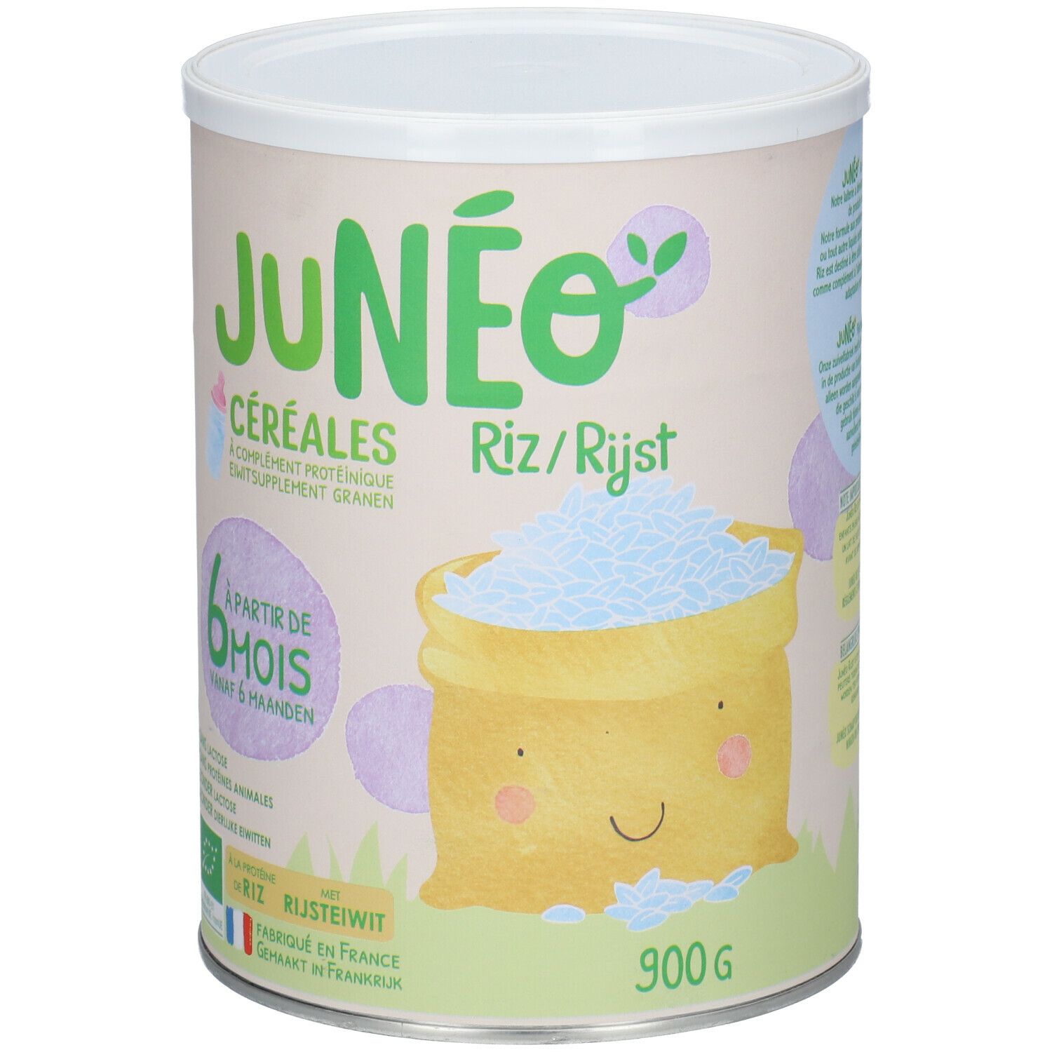 Boîte de céréales JUNÉO Riz/Rijst. Complément protéique. Dès 6 mois. Sans lactose. 900g. Fabriqué en France.