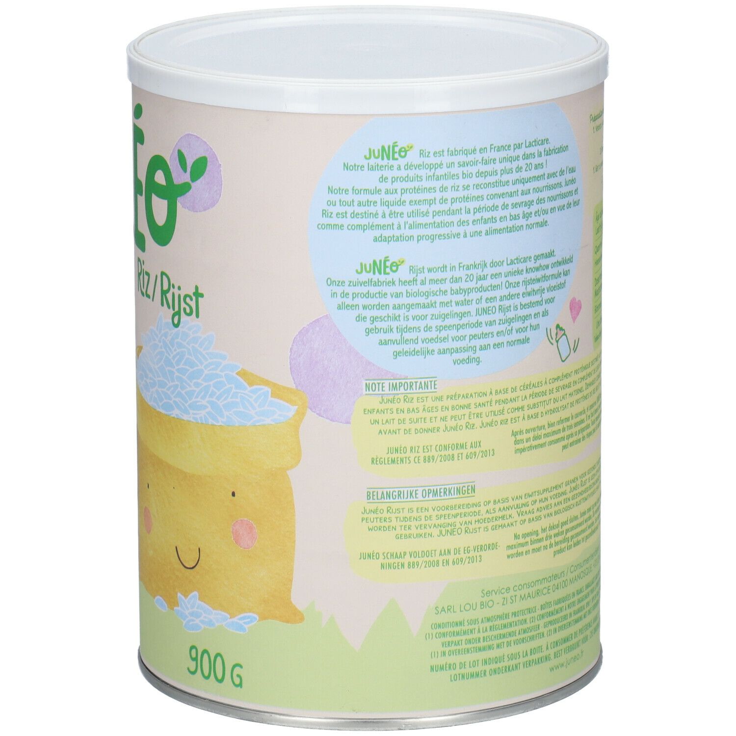 Dos de la boîte avec informations sur JUNÉO. Fabriqué en France. 900g. Texte en français et néerlandais.