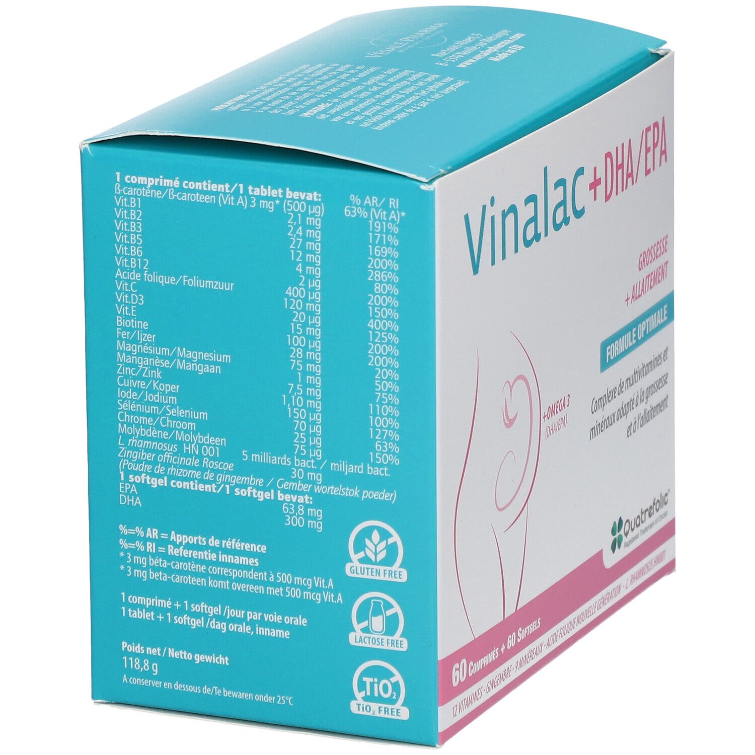 Boîte Vinalac + DHA/EPA. Informations nutritionnelles et ingrédients sur l'emballage. Sans gluten et sans lactose.