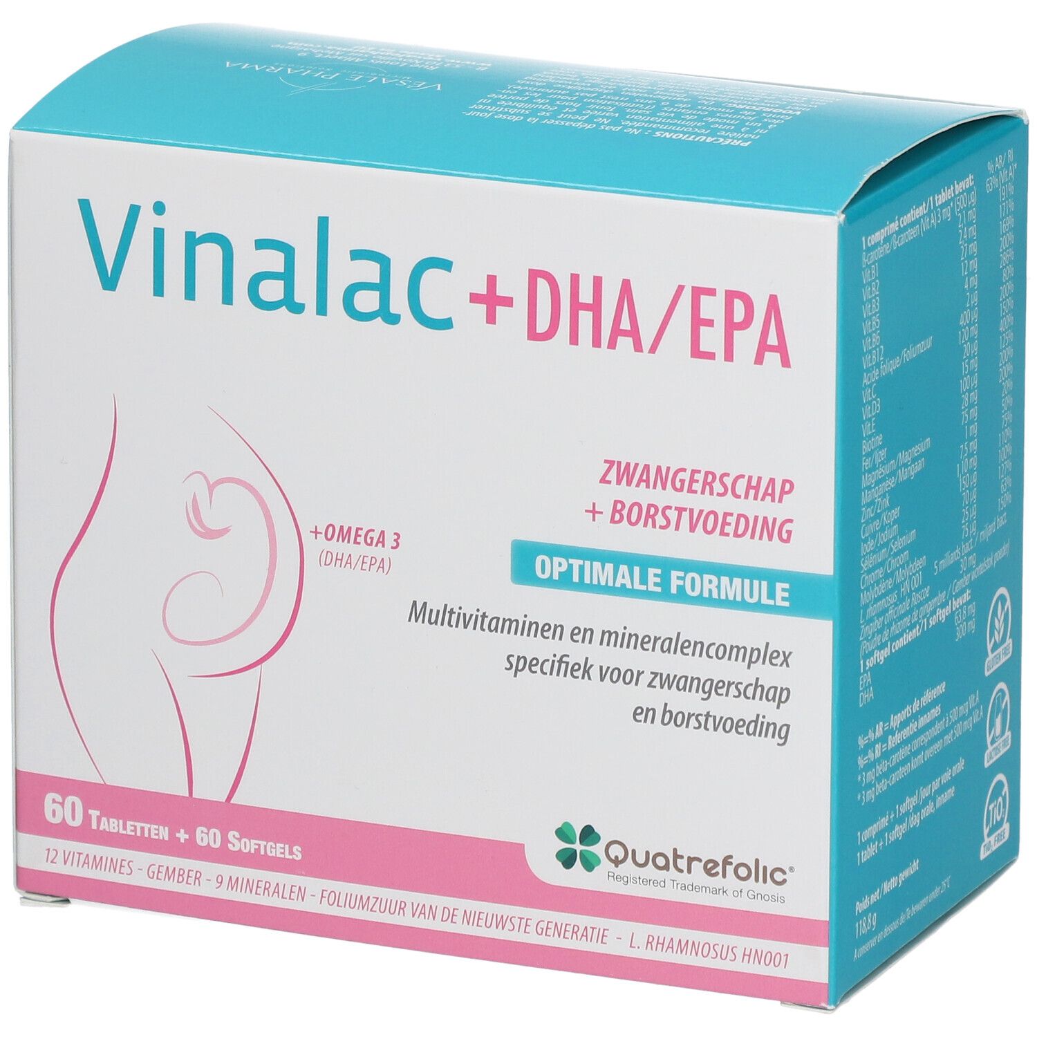 Boîte Vinalac + DHA/EPA. Contient 60 comprimés et 60 gélules. Avec Omega 3 et logo Quatrefolic.