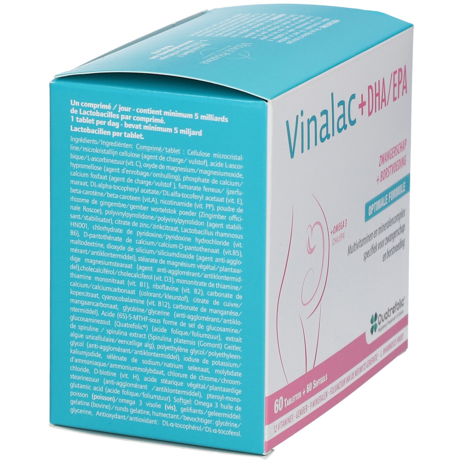 Boîte Vinalac + DHA/EPA. Contient 60 comprimés et 60 gélules. Avec Omega 3 et logo Quatrefolic.