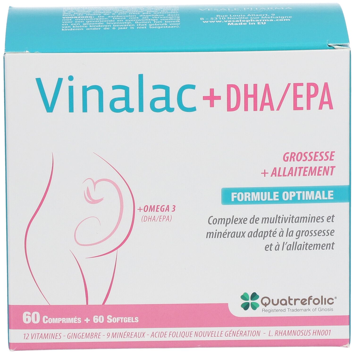 Boîte Vinalac + DHA/EPA. Contient 60 comprimés et 60 gélules. Avec Omega 3 et logo Quatrefolic.