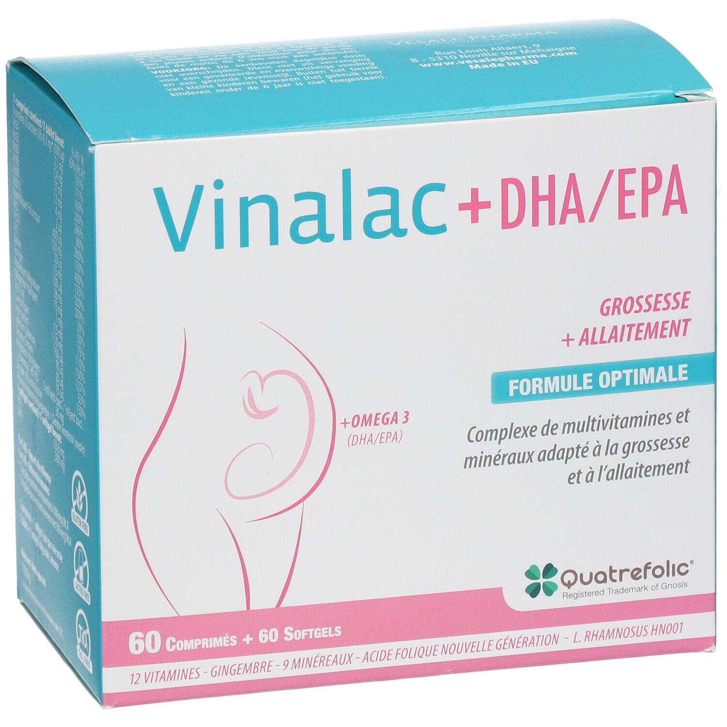 Boîte Vinalac + DHA/EPA. Contient 60 comprimés et 60 gélules. Avec Omega 3 et logo Quatrefolic.