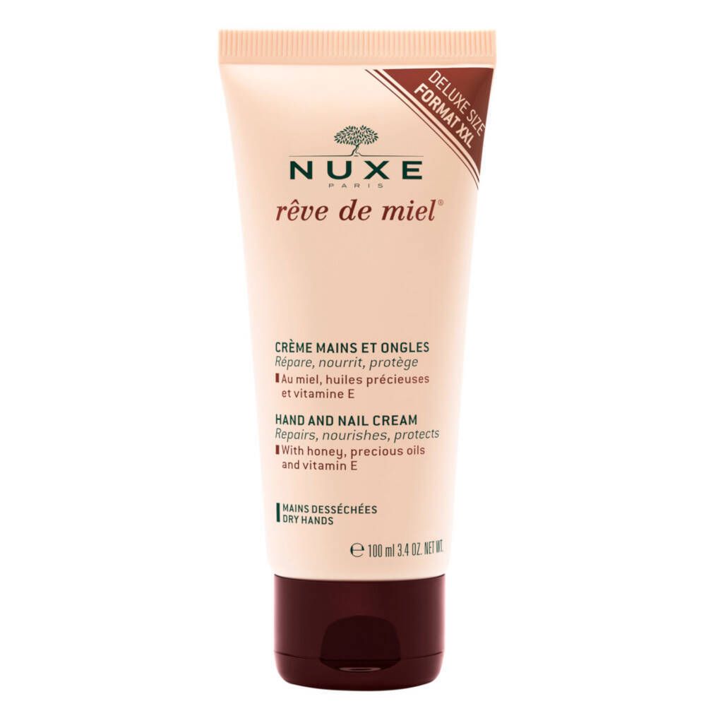 Tube de crème mains et ongles. Tube beige avec bouchon marron. Texte: NUXE Rêve de Miel, Crème Mains et Ongles, Hand and Nail Cream.