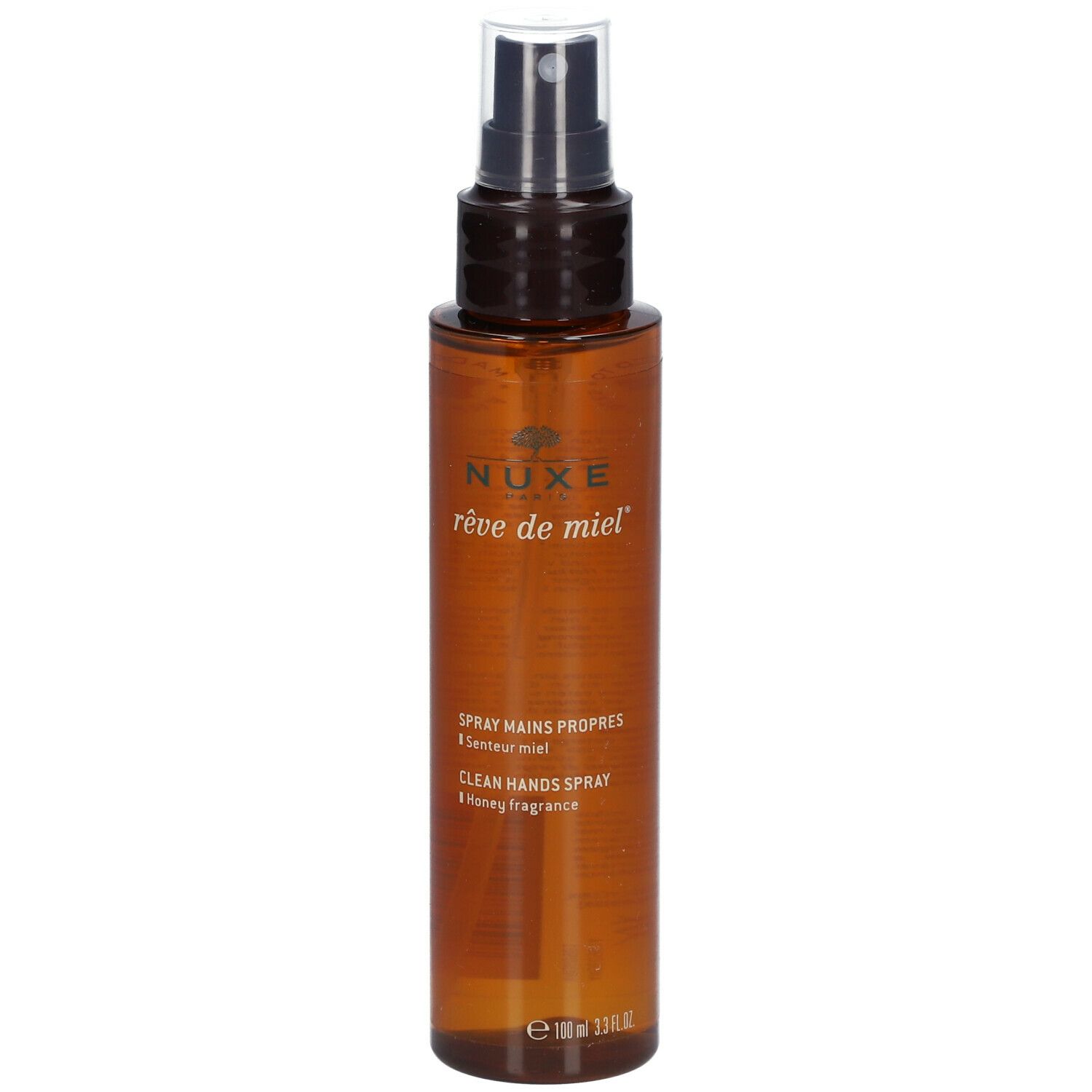 Bruine sprayfles met zwarte sproeikop. Opschrift: Nuxe Rêve de Miel, Spray Mains Propres, Clean Hands Spray.