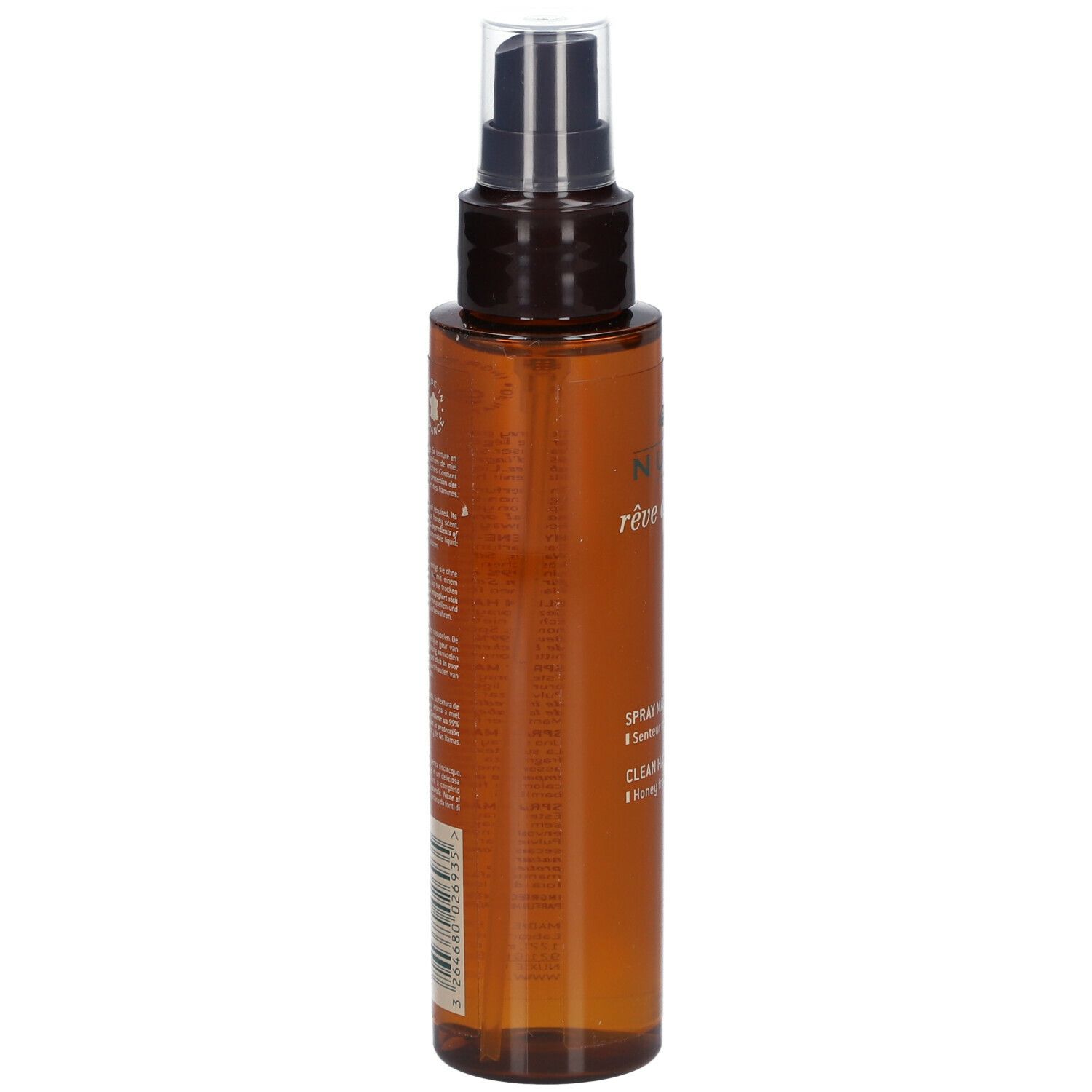 Bruine sprayfles. Tekst en barcode op de zijkant. Zwarte sproeikop. Product: Nuxe Rêve de Miel, Spray Mains Propres.
