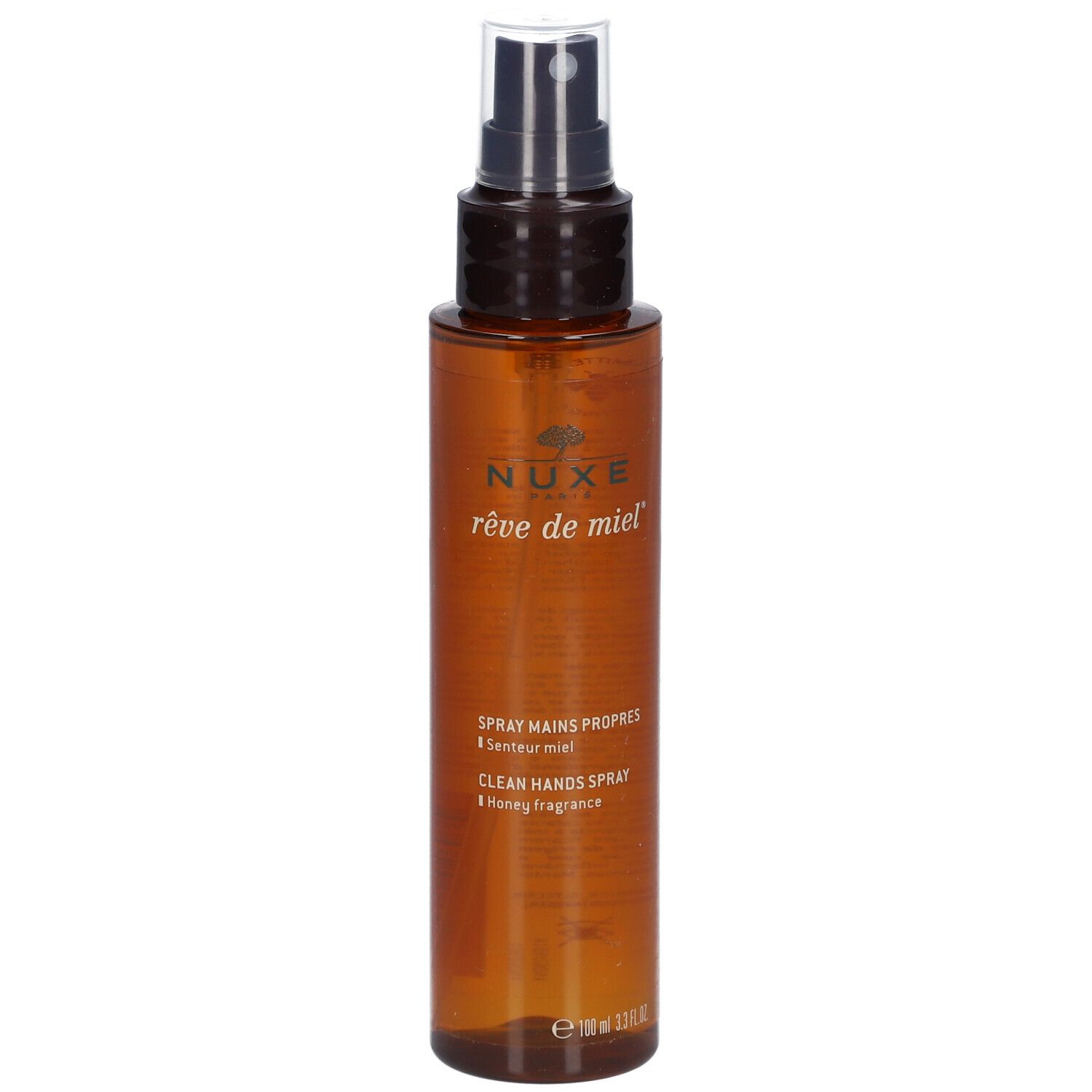 Bruine sprayfles met zwarte sproeikop. Opschrift: Nuxe Rêve de Miel, Spray Mains Propres, Clean Hands Spray.