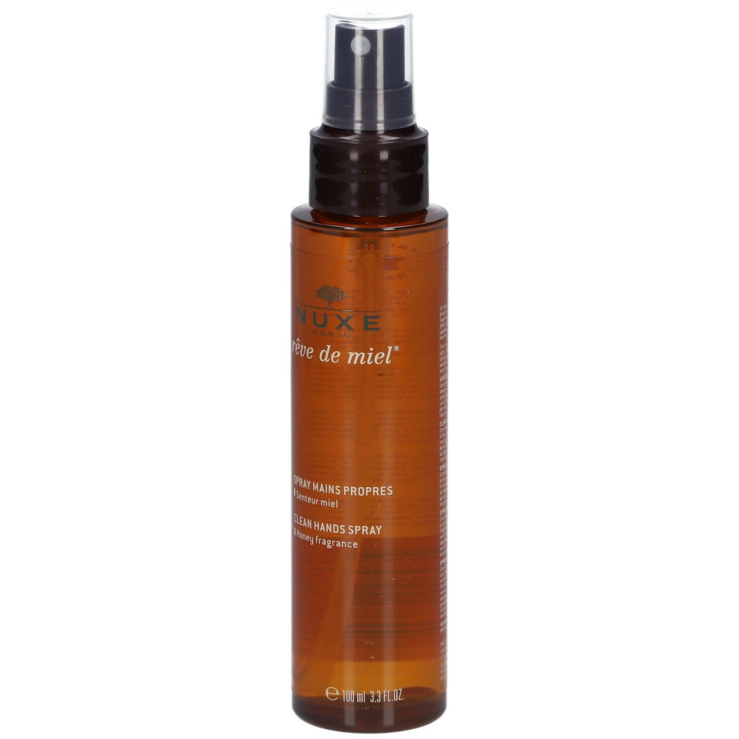 Bruine sprayfles met zwarte sproeikop. Opschrift: Nuxe Rêve de Miel, Spray Mains Propres, Clean Hands Spray.