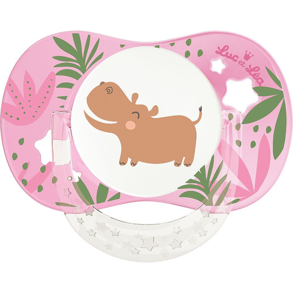 Roze speen met nijlpaardillustratie en bladeren. Merk Luc et Léa.