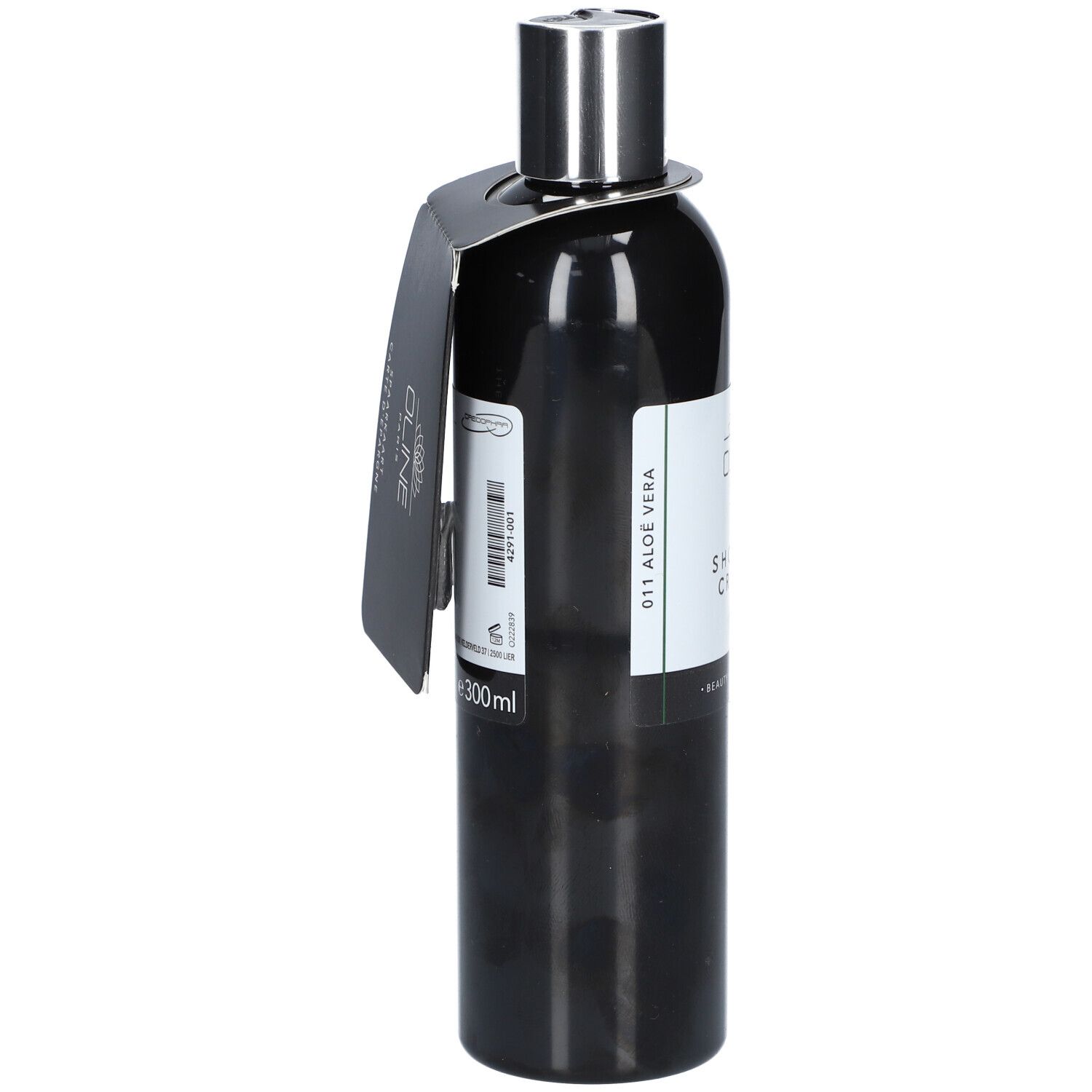 Zwarte fles met label. "011 Aloe Vera" en "Shower Cream". Zilveren dop.