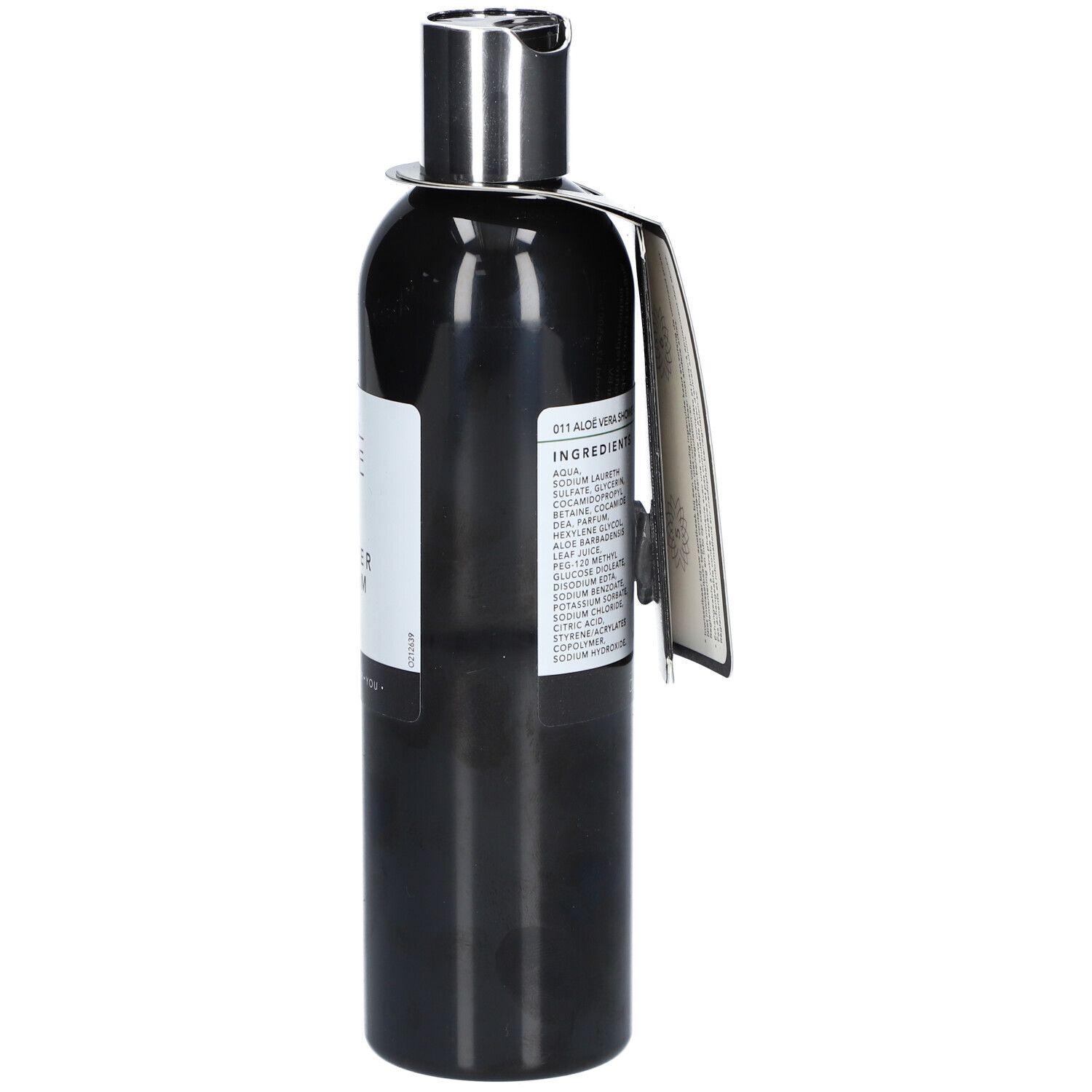 Zwarte fles met label. Zilveren dop. Label met ingrediënten.
