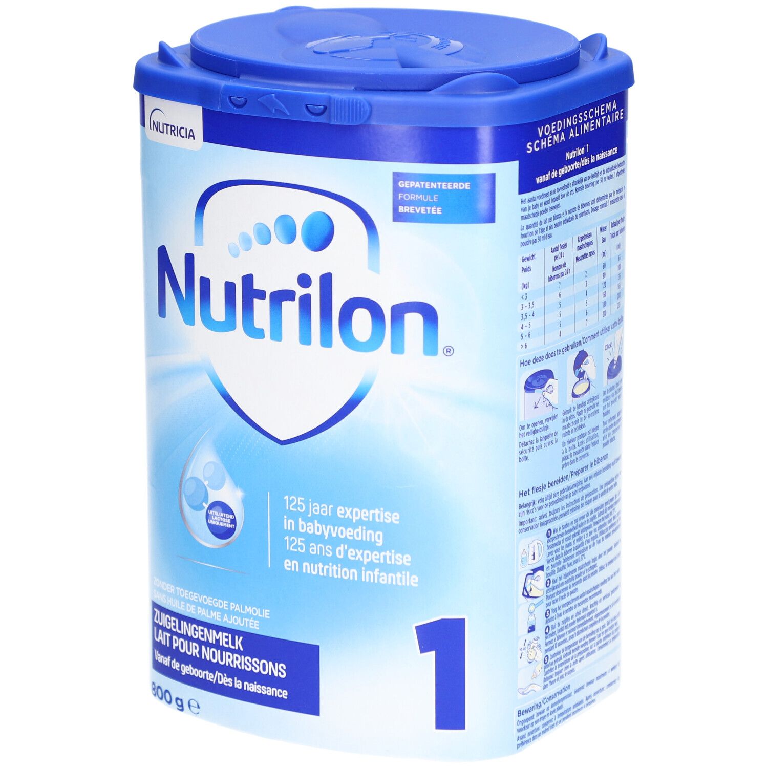 Blauw-witte doos met Nutrilon-logo en '1'. Bevat zuigelingenmelk voor pasgeborenen.