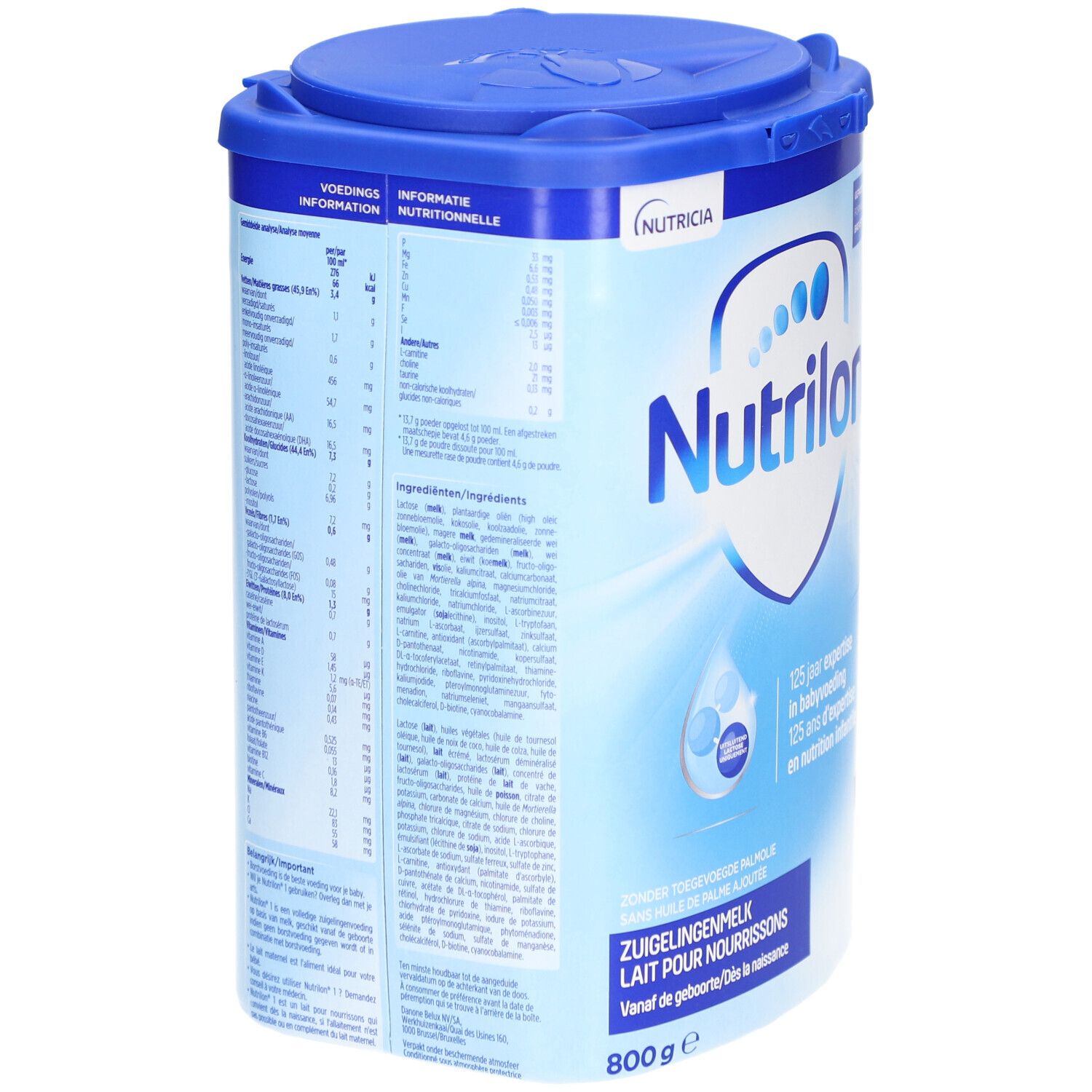 Achterkant van de doos met voedingswaarde en ingrediëntenlijst. Bevat instructies.