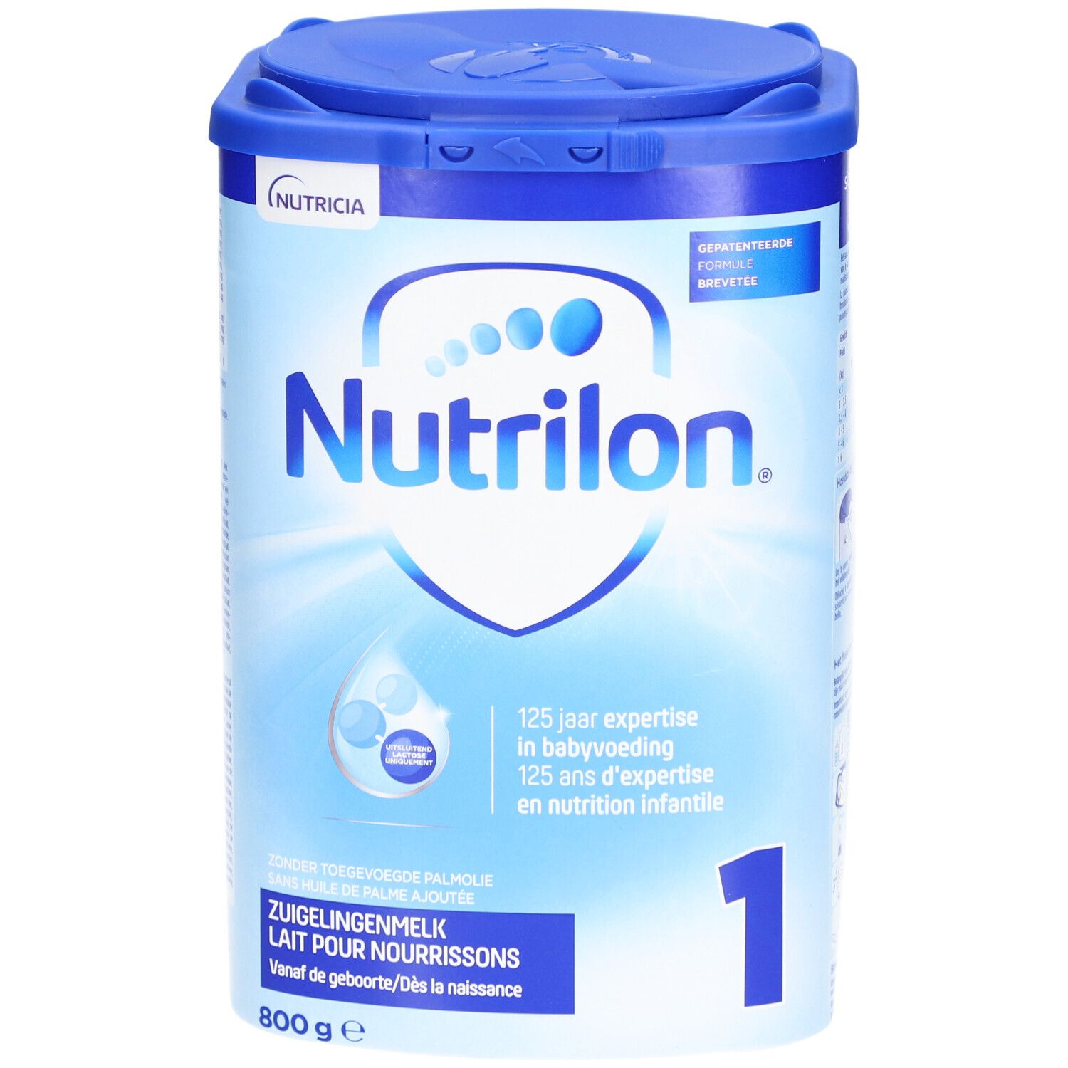 Blauw-witte doos met Nutrilon-logo en '1'. Bevat zuigelingenmelk voor pasgeborenen.
