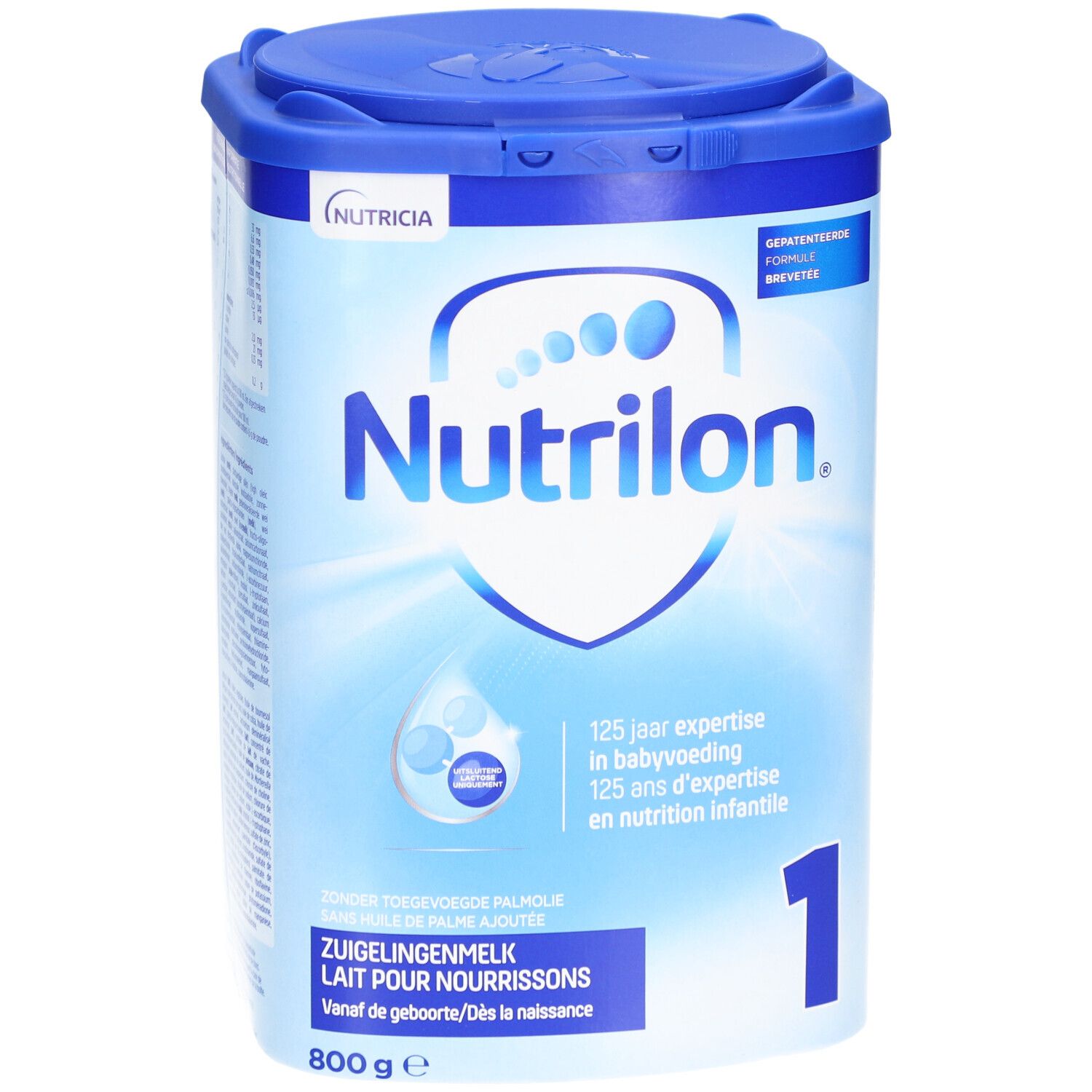 Blauw-witte doos met Nutrilon-logo en '1'. Bevat zuigelingenmelk voor pasgeborenen.