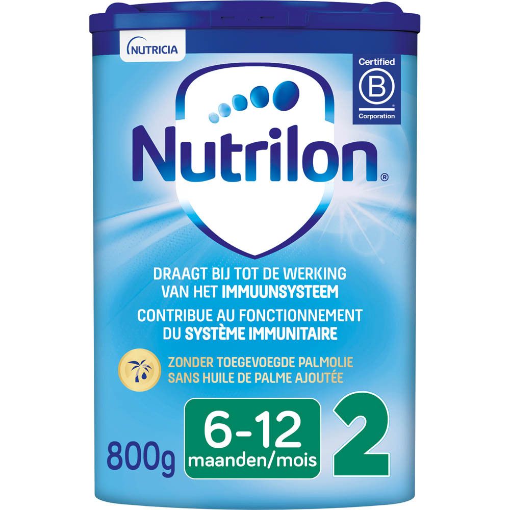 Nutrilon 2 melkpoeder, 6-12 maanden. Blauwe bus met deksel, logo, tekst en certificering.
