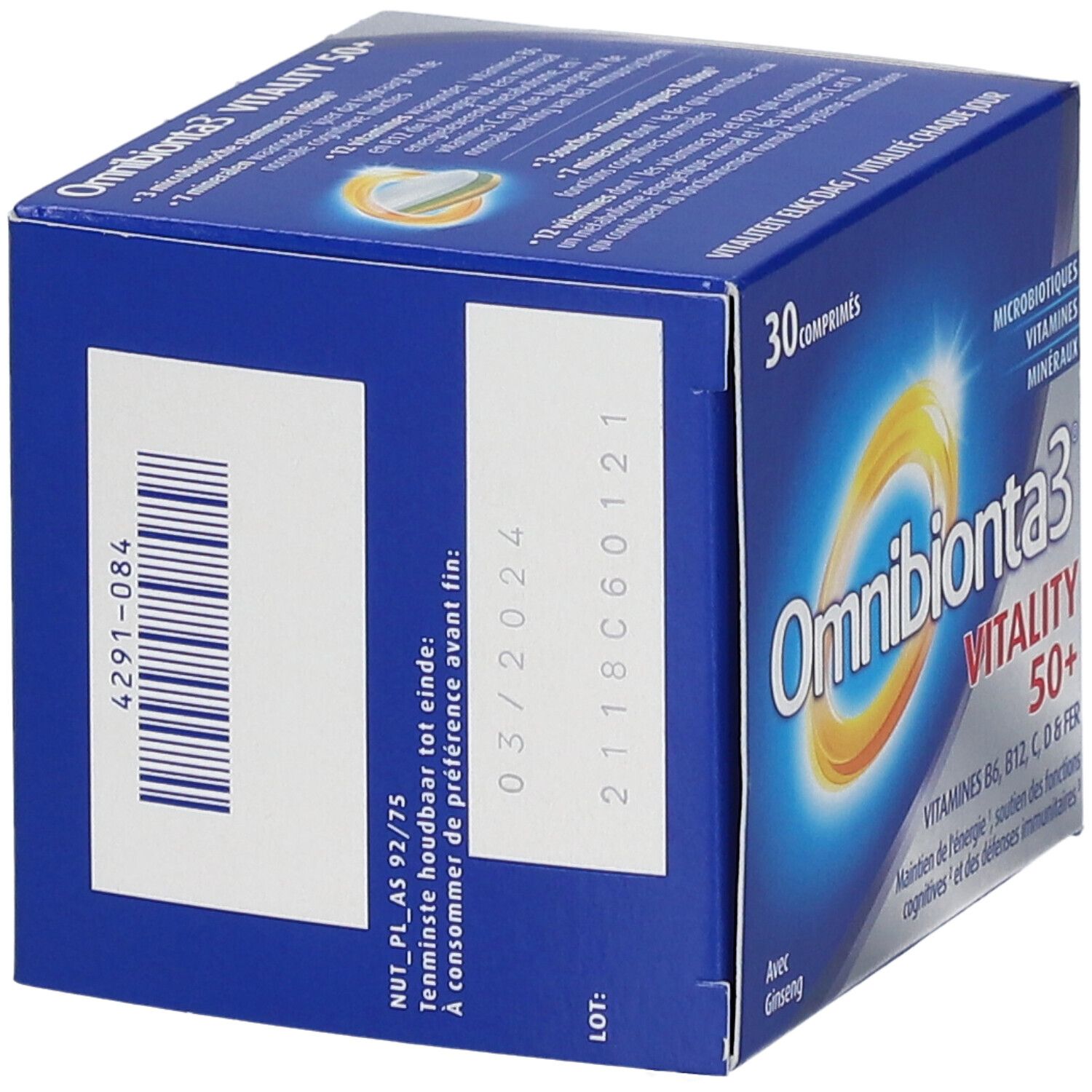 Omnibionta3 Vitaliteit 50+ verpakking. Achterkant met informatie en vervaldatum. Blauwe verpakking.