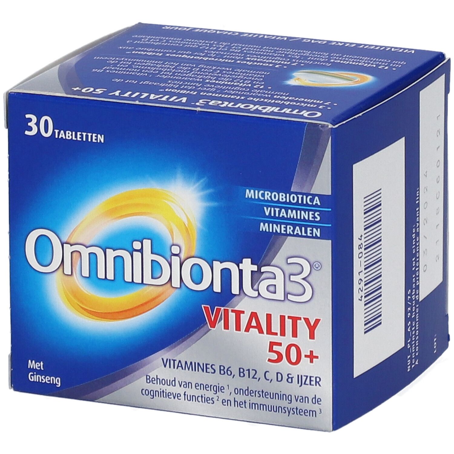 Omnibionta3 Vitaliteit 50+ verpakking. Bevat 30 tabletten. Blauwe verpakking met productnaam en ingrediënten. Met ginseng.