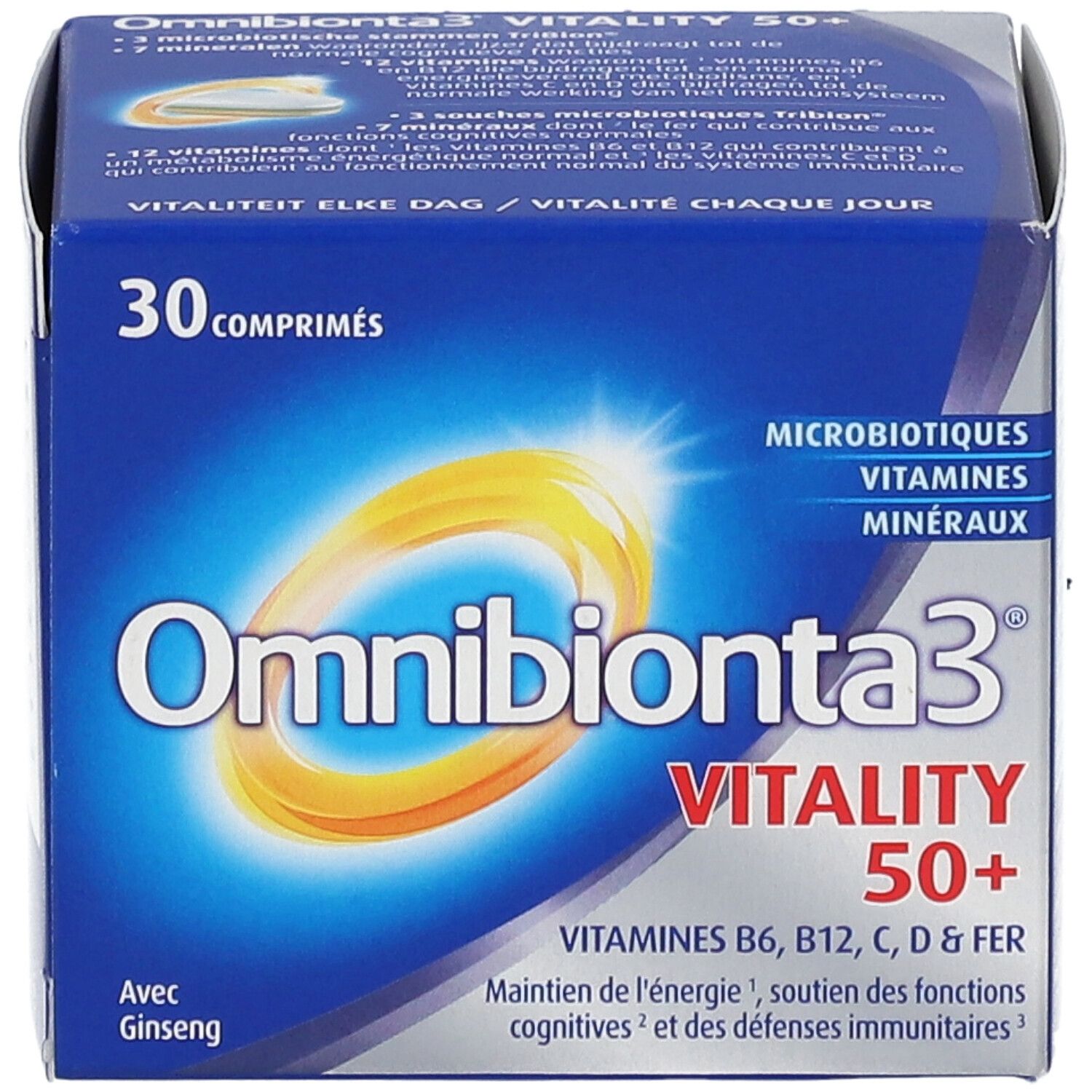 Omnibionta3 Vitaliteit 50+ verpakking. Bevat 30 tabletten. Blauwe verpakking met productnaam en ingrediënten. Met ginseng.