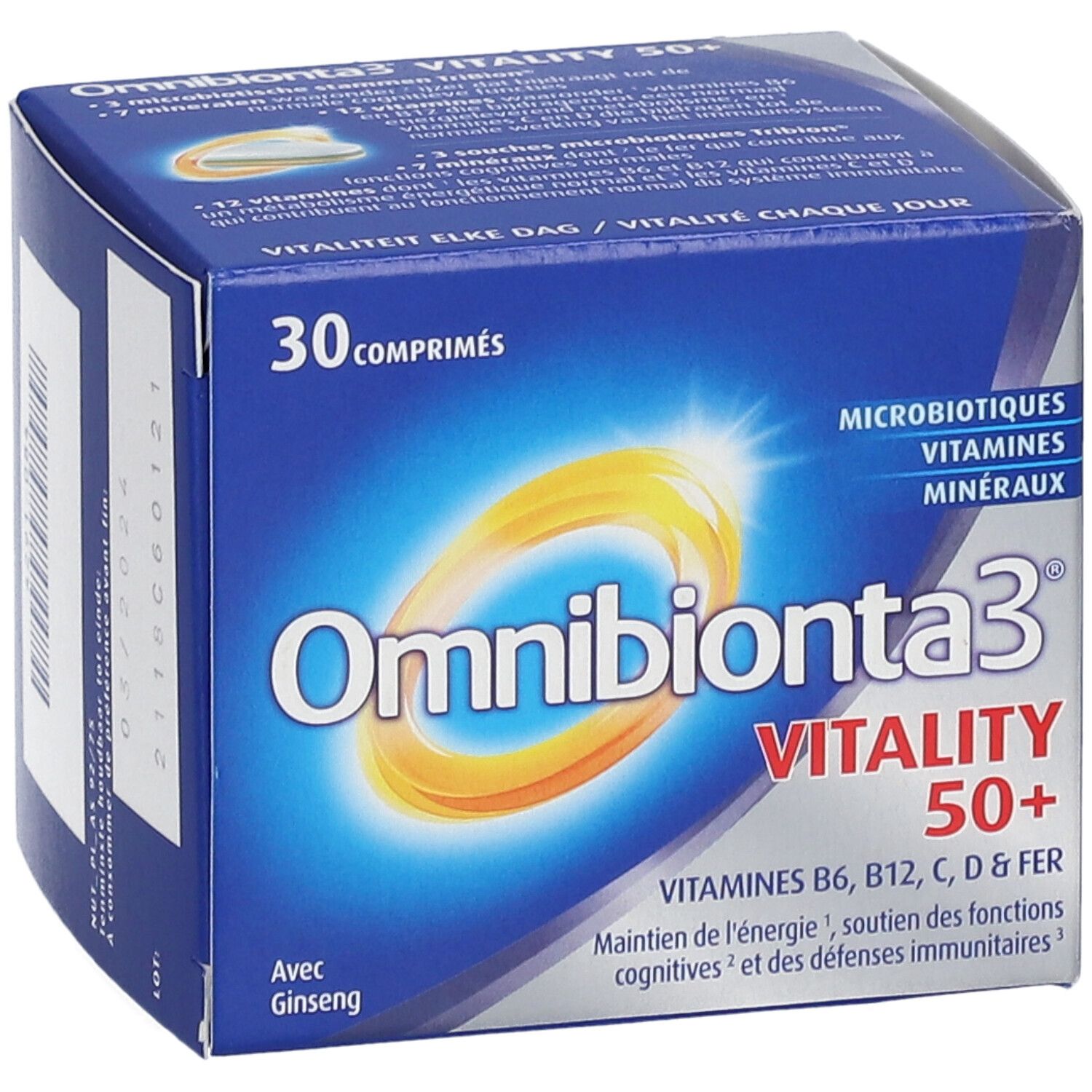 Omnibionta3 Vitaliteit 50+ verpakking. Bevat 30 tabletten. Blauwe verpakking met productnaam en ingrediënten. Met ginseng.