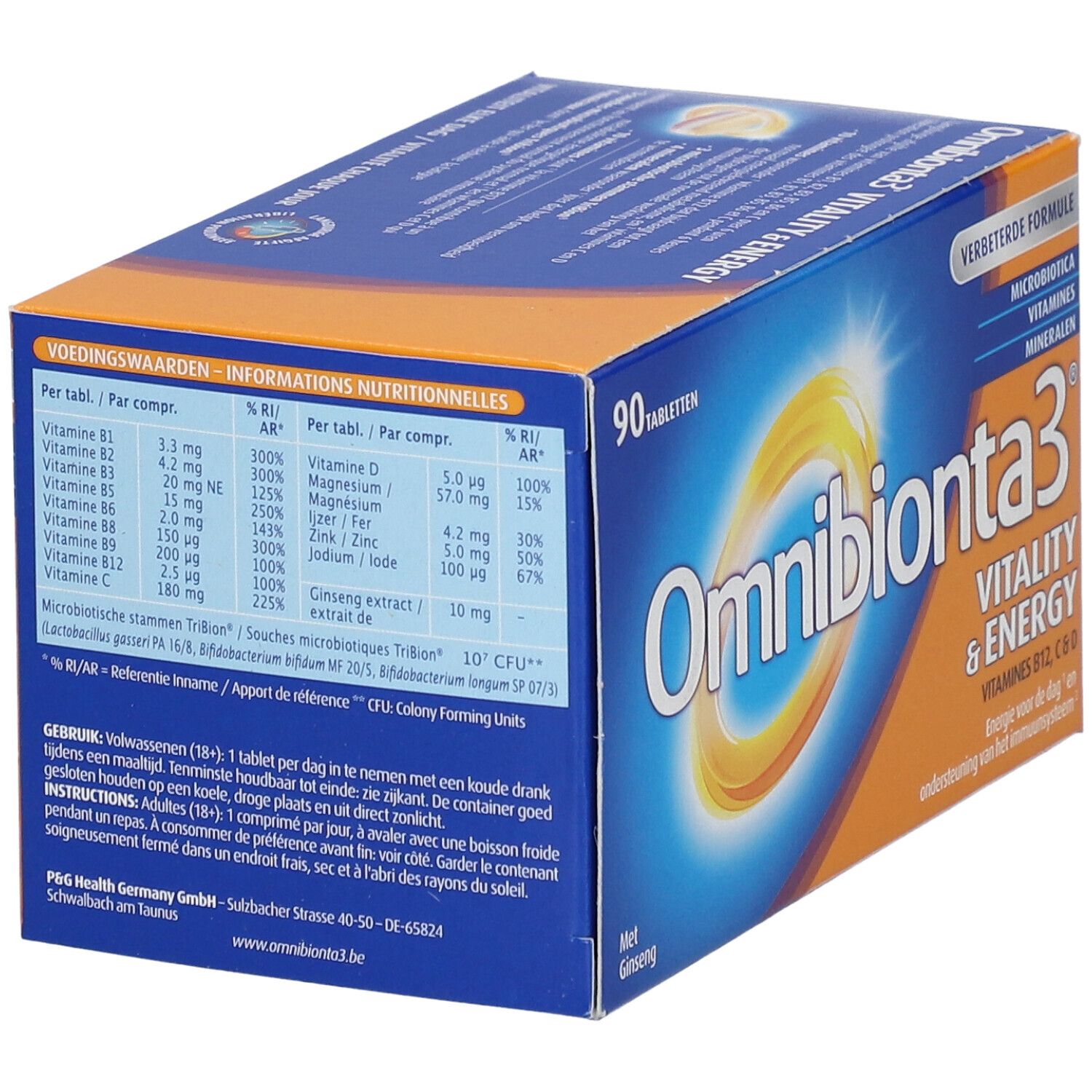 Doos Omnibionta3 Vitaliteit & Energie. Bevat 90 tabletten. Voedingswaarde en ingrediënten staan vermeld.