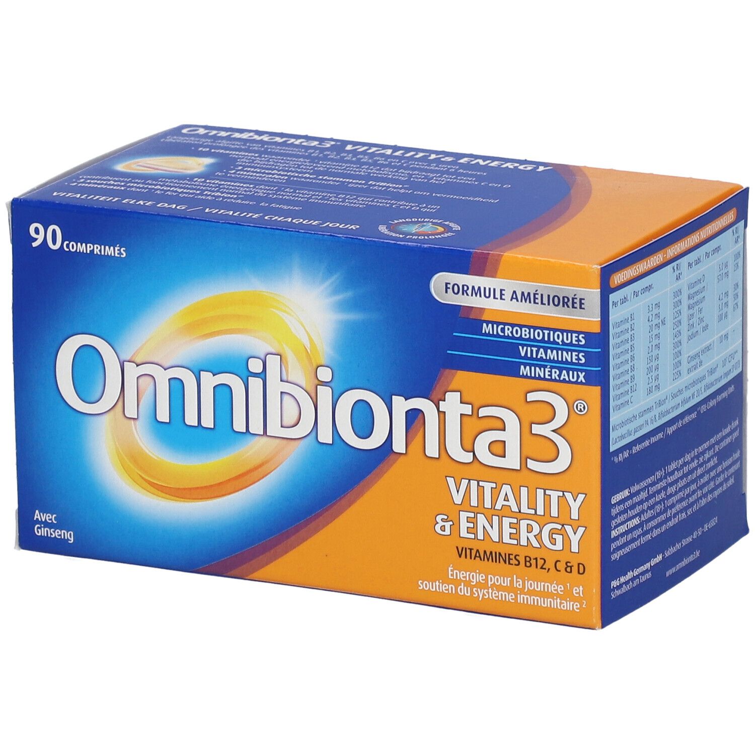 Blauw-oranje doos Omnibionta3 Vitaliteit & Energie. Bevat 90 tabletten. Met ginseng. Vitaminen B12, C & D.