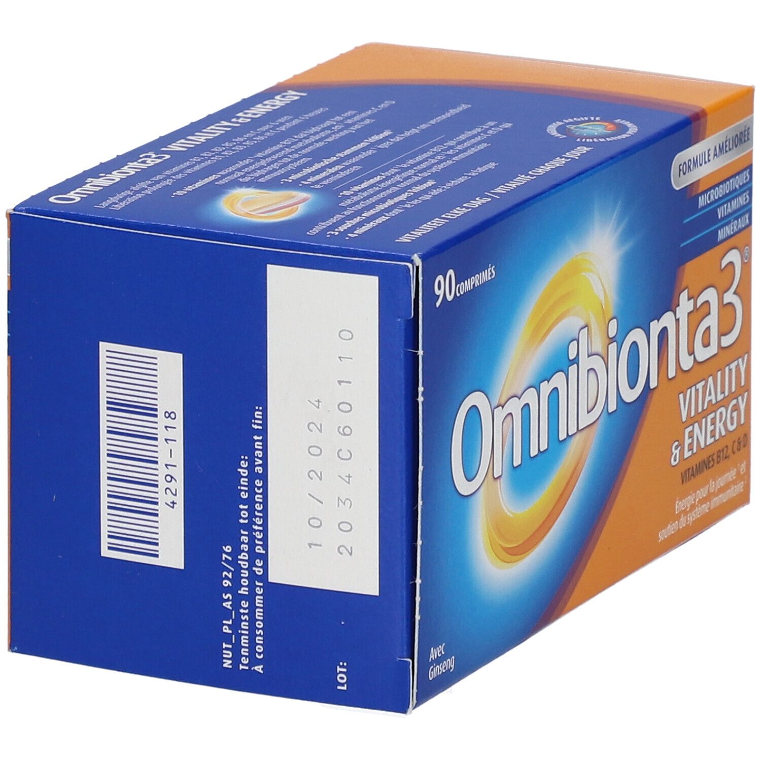 Doos Omnibionta3 Vitaliteit & Energie. Bevat 90 tabletten. Bedrukking met houdbaarheidsdatum en lotnummer.