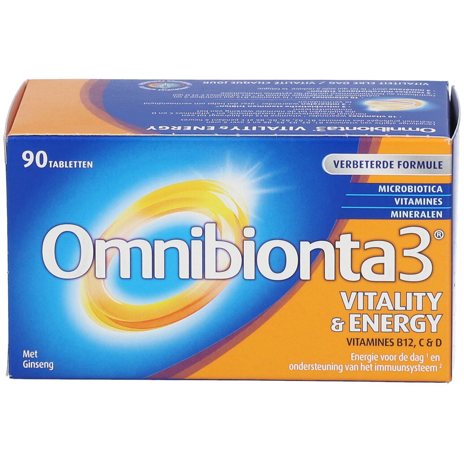 Blauw-oranje doos Omnibionta3 Vitaliteit & Energie. Bevat 90 tabletten. Met ginseng. Vitaminen B12, C & D.