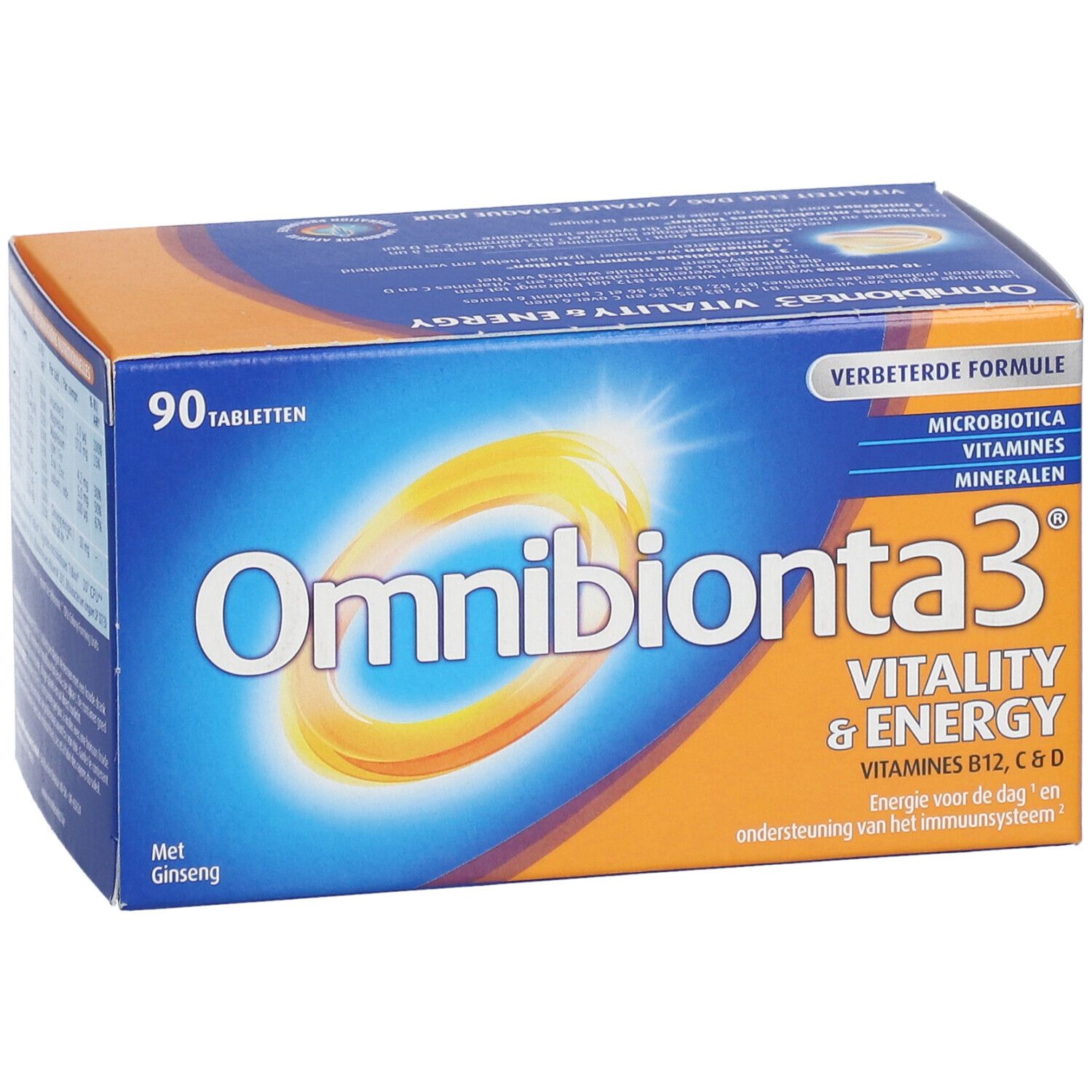 Blauw-oranje doos Omnibionta3 Vitaliteit & Energie. Bevat 90 tabletten. Met ginseng. Vitaminen B12, C & D.