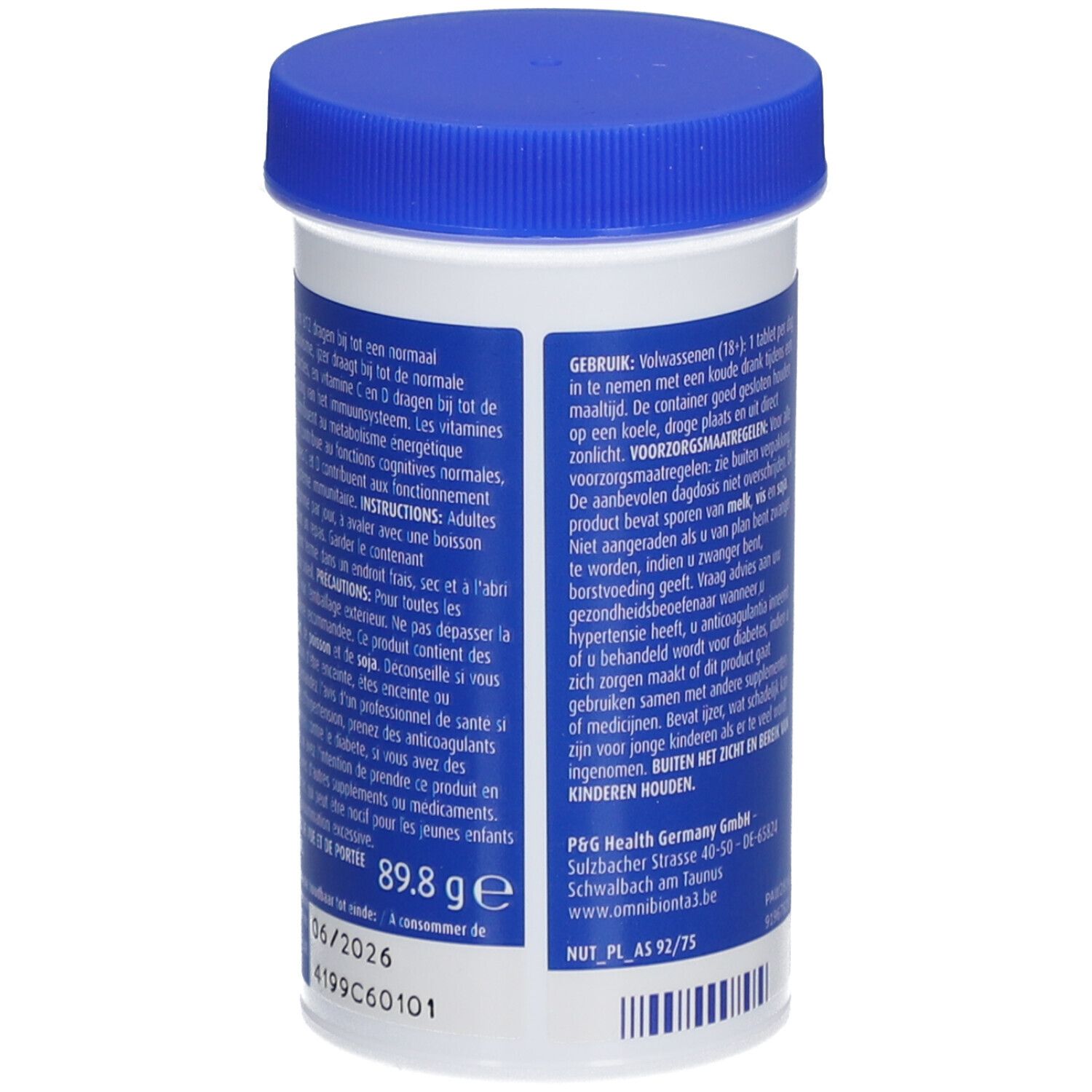 Flacon blanc avec couvercle bleu. Inscription: "Omnibionta3 Vitalité 50+". Contient 89,8g. Avec informations et avertissements.
