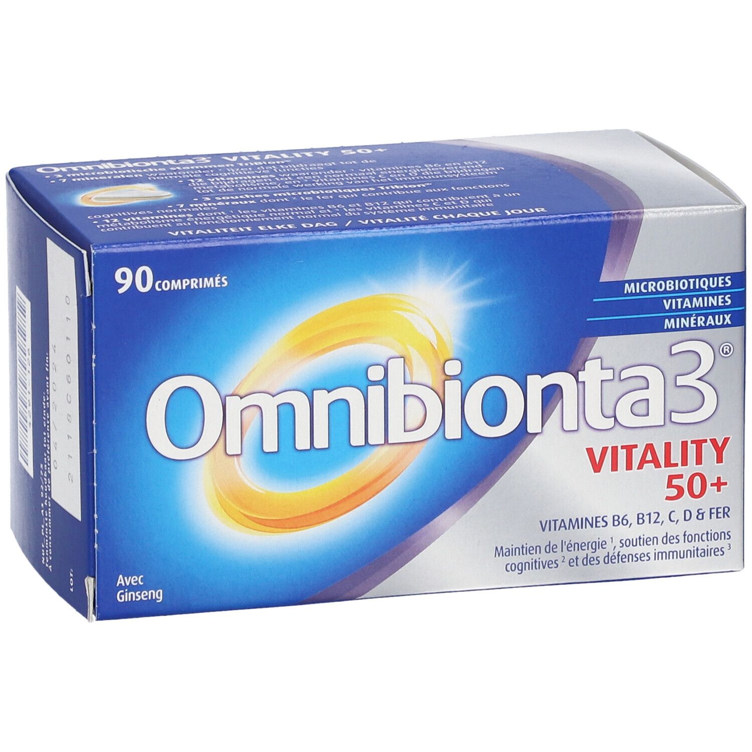 Boîte bleue et blanche "Omnibionta3 Vitalité 50+". Contient 90 comprimés. Avec ginseng. Inscription: Vitamines B6, B12, C, D & Fer.