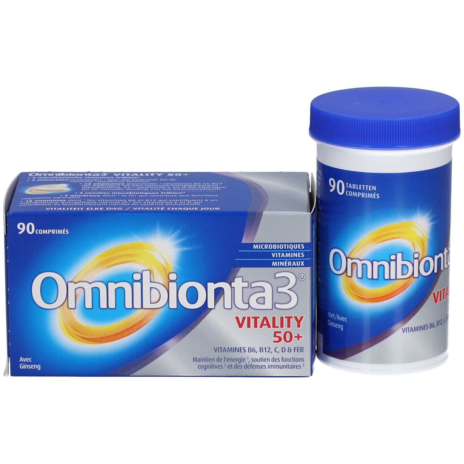 Emballage produit avec boîte et flacon. Inscription: "Omnibionta3 Vitalité 50+". Contient 90 comprimés. Avec ginseng.
