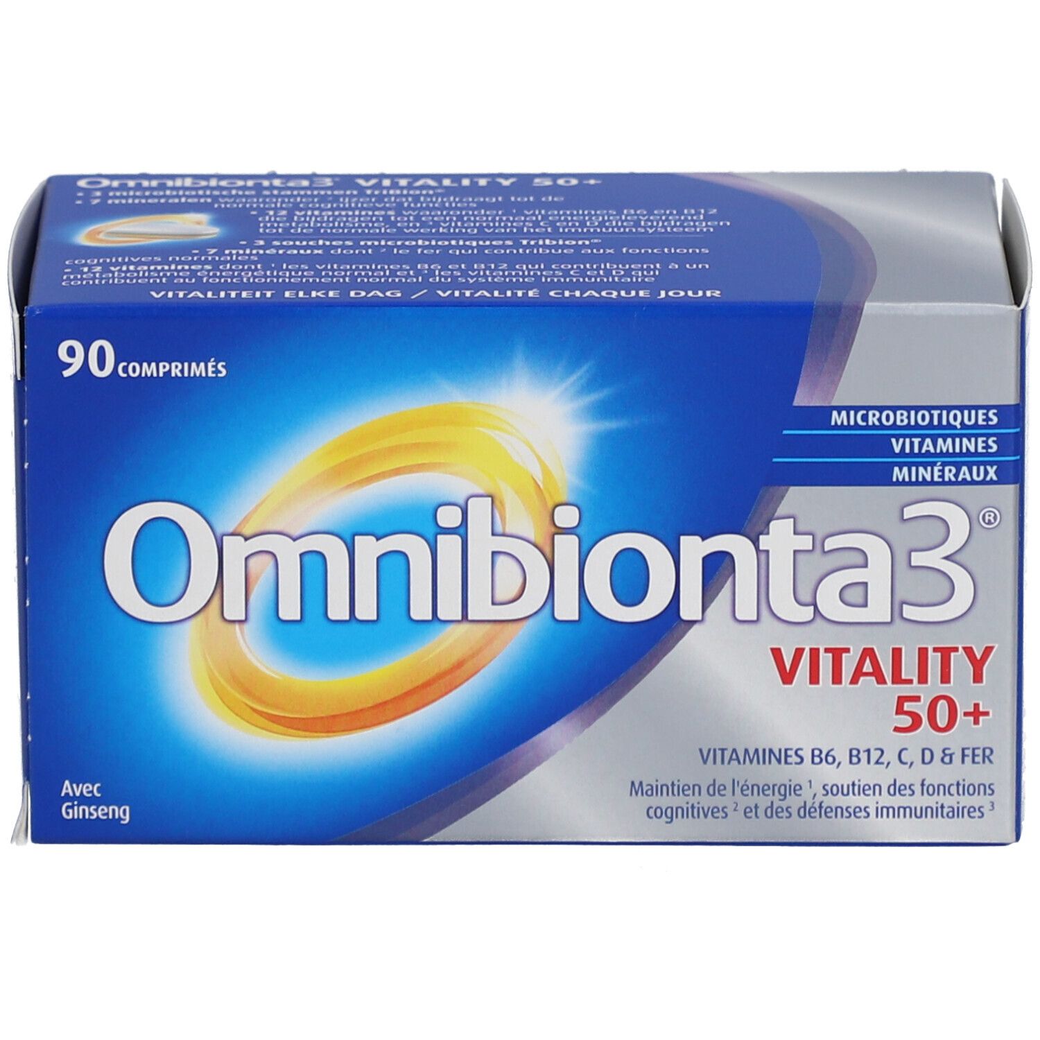 Boîte bleue et blanche "Omnibionta3 Vitalité 50+". Contient 90 comprimés. Avec ginseng. Inscription: Vitamines B6, B12, C, D & Fer.