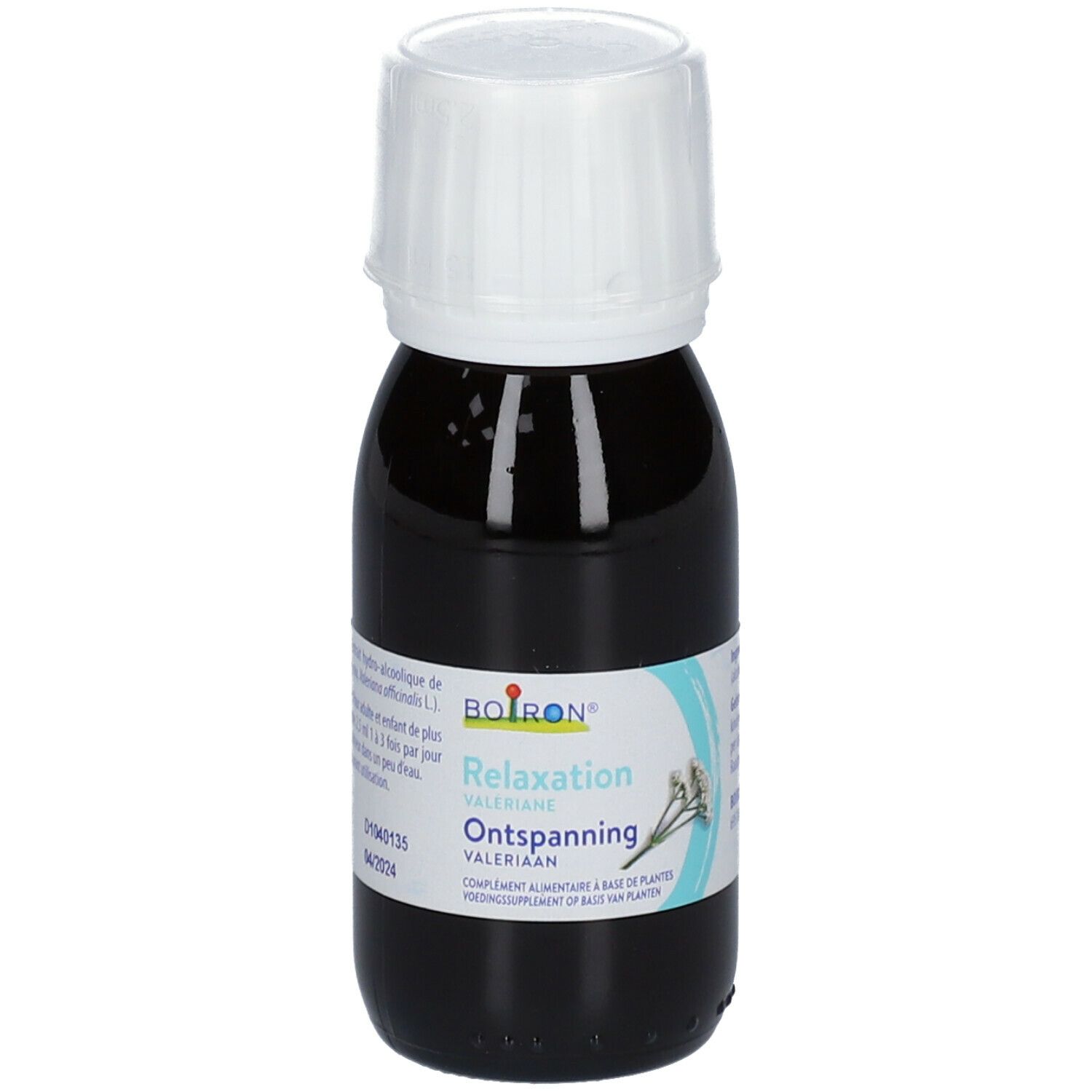 Bruine fles met witte dop. Opschrift: Boiron, Relaxation, Valeriana. Etiket met bloemmotief.
