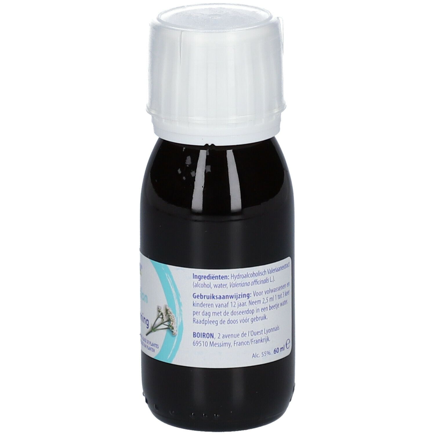 Bruine fles met witte dop. Opschrift: Boiron. Etiket met ingrediënten en doseringsinstructies.
